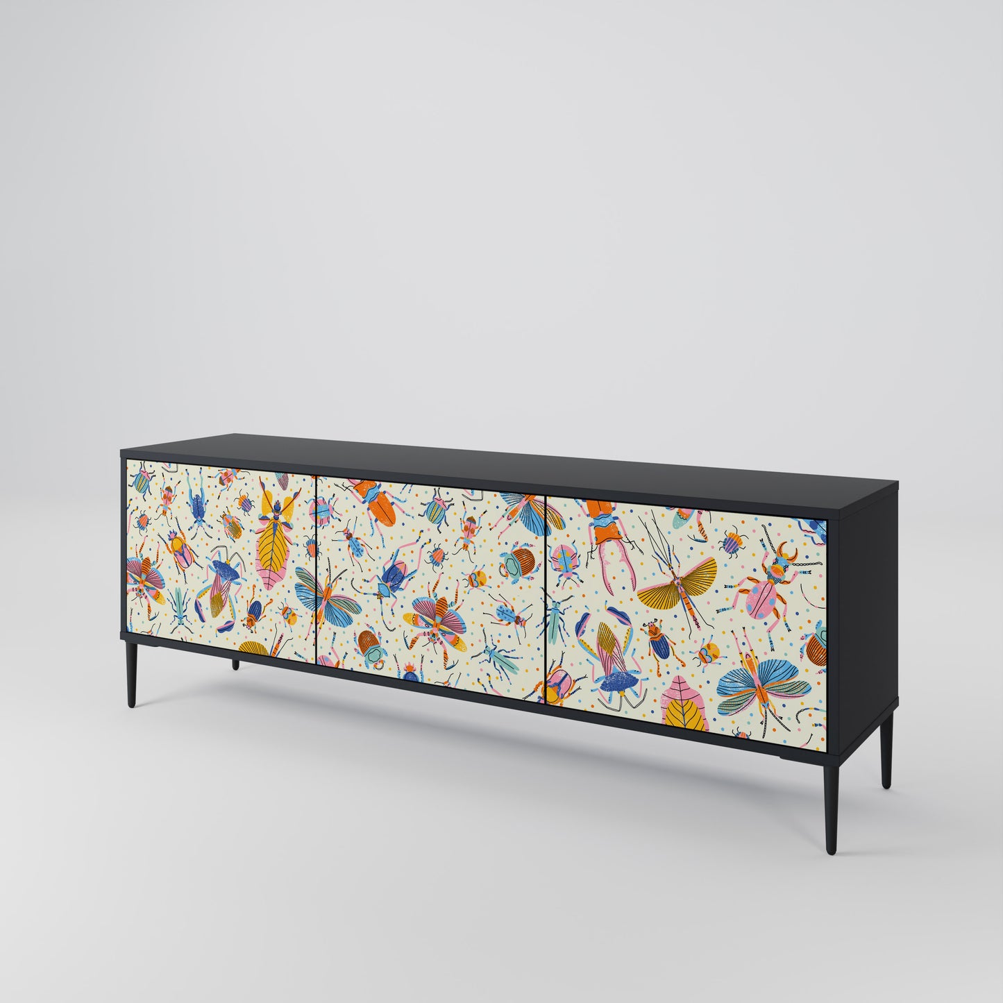 COLORFUL INSECTS 3-Door TV Stand in Black Finish