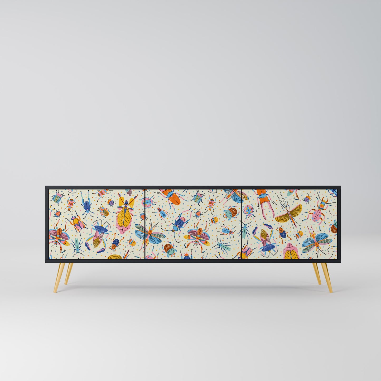 COLORFUL INSECTS 3-Door TV Stand in Black Finish
