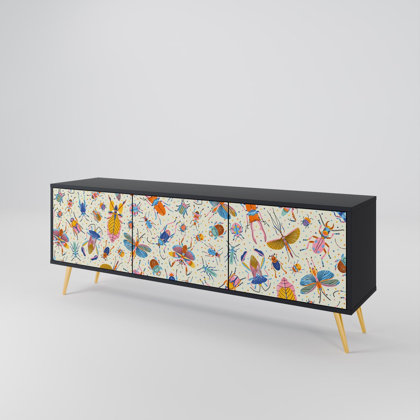 COLORFUL INSECTS 3-Door TV Stand in Black Finish