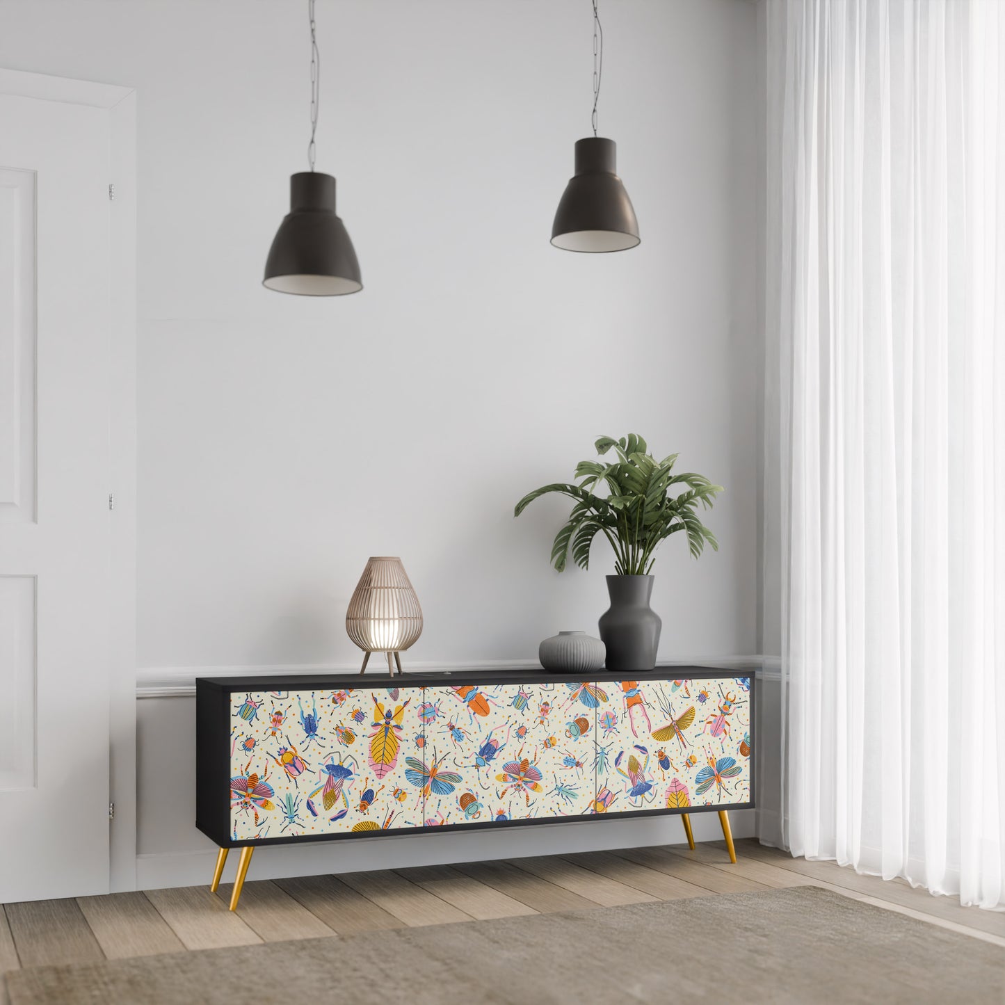 COLORFUL INSECTS 3-Door TV Stand in Black Finish