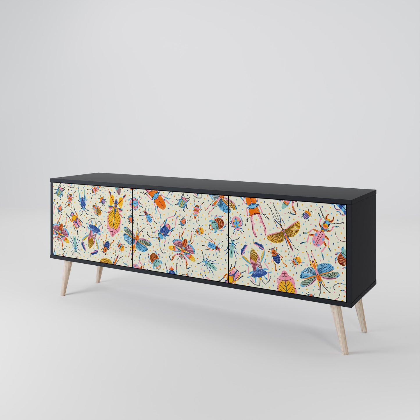 COLORFUL INSECTS 3-Door TV Stand in Black Finish