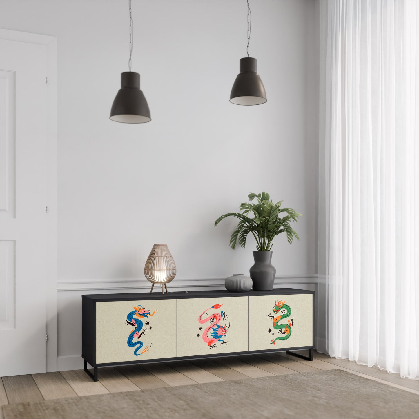 MYTHOLOGICAL CREATURES 3-Door TV Stand in Black Finish