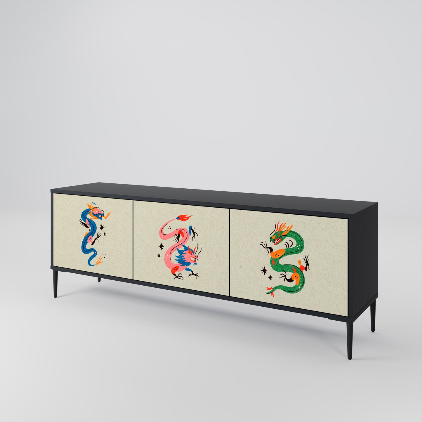 MYTHOLOGICAL CREATURES 3-Door TV Stand in Black Finish