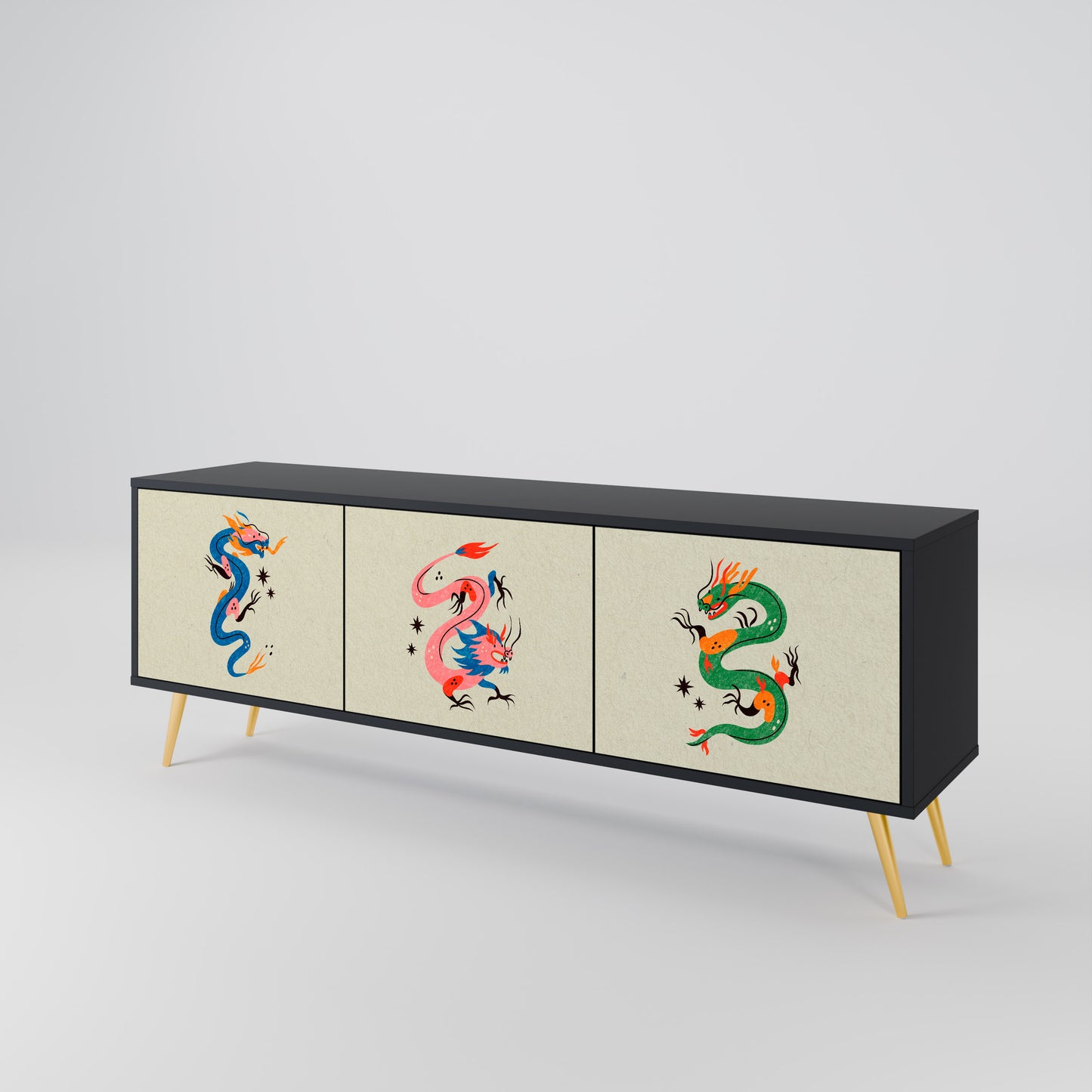 MYTHOLOGICAL CREATURES 3-Door TV Stand in Black Finish