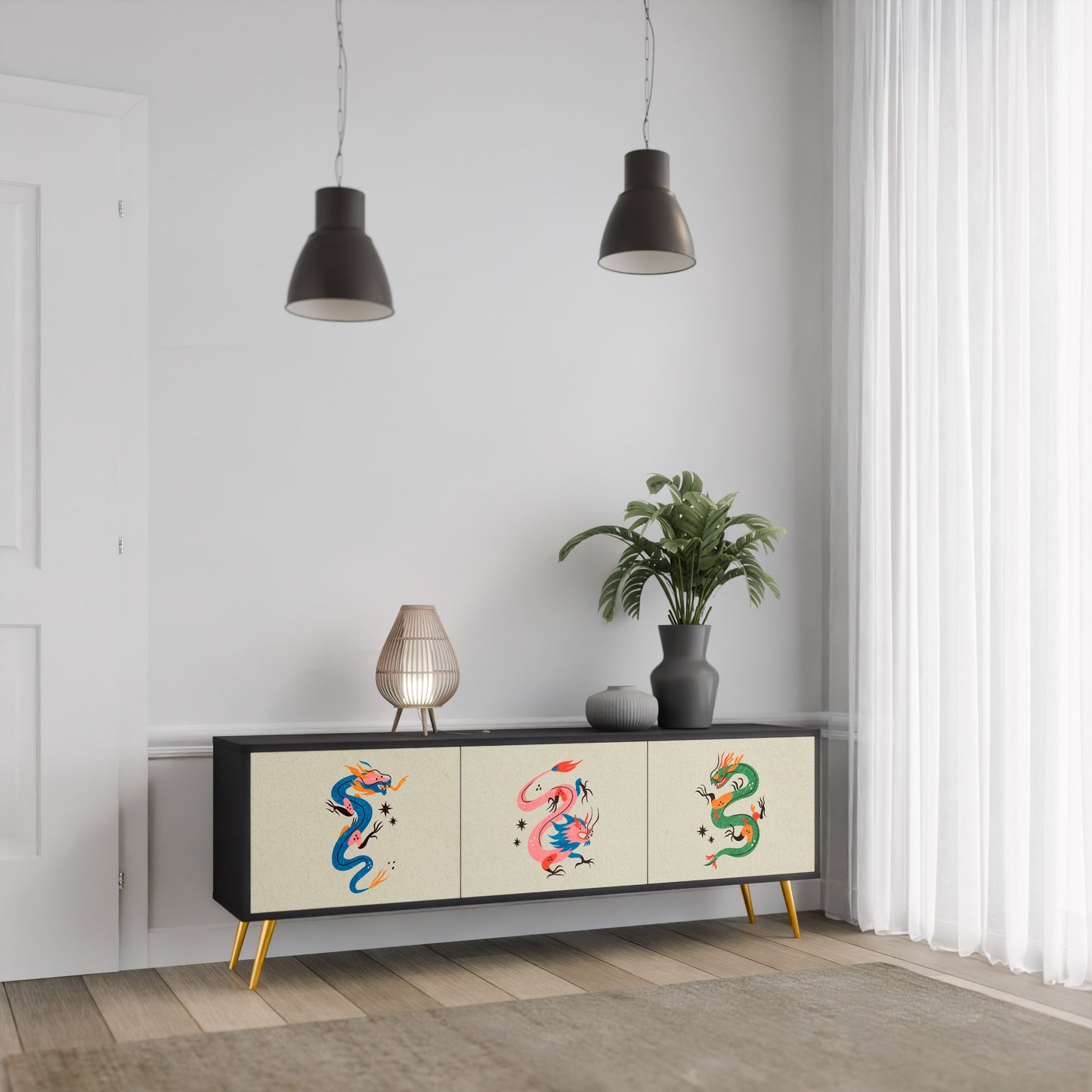 MYTHOLOGICAL CREATURES 3-Door TV Stand in Black Finish