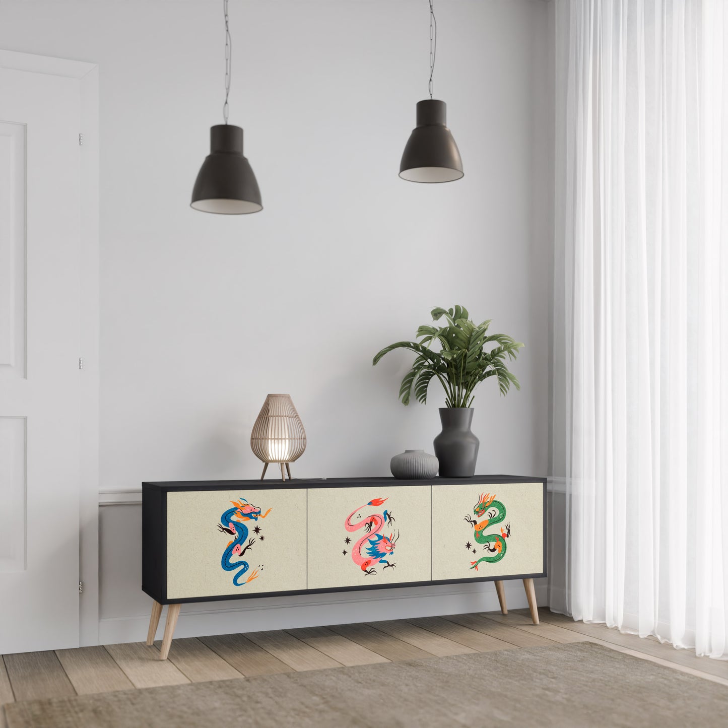 MYTHOLOGICAL CREATURES 3-Door TV Stand in Black Finish