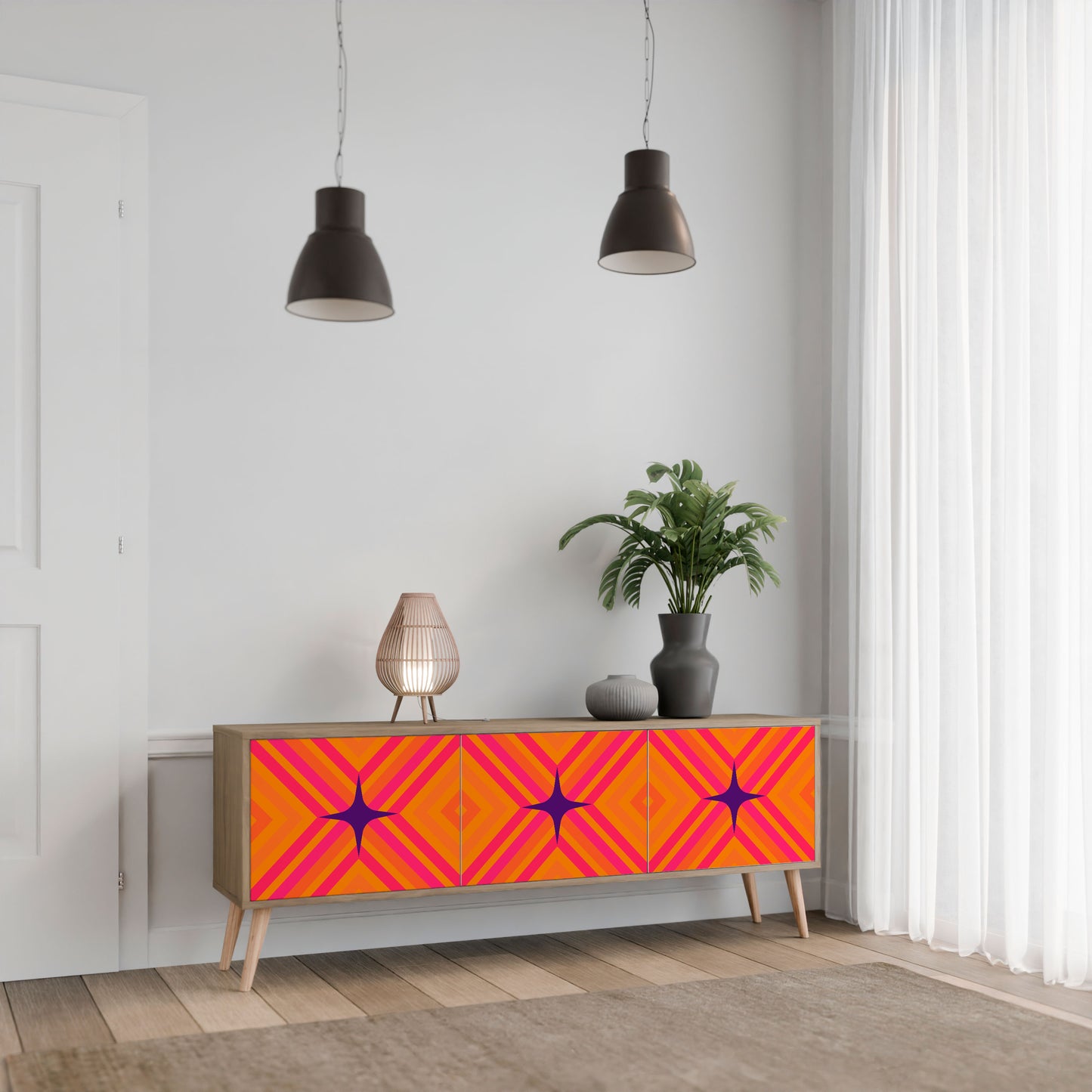 GEOMETRIC BRILLIANCE 3-Door TV Stand in Oak Effect
