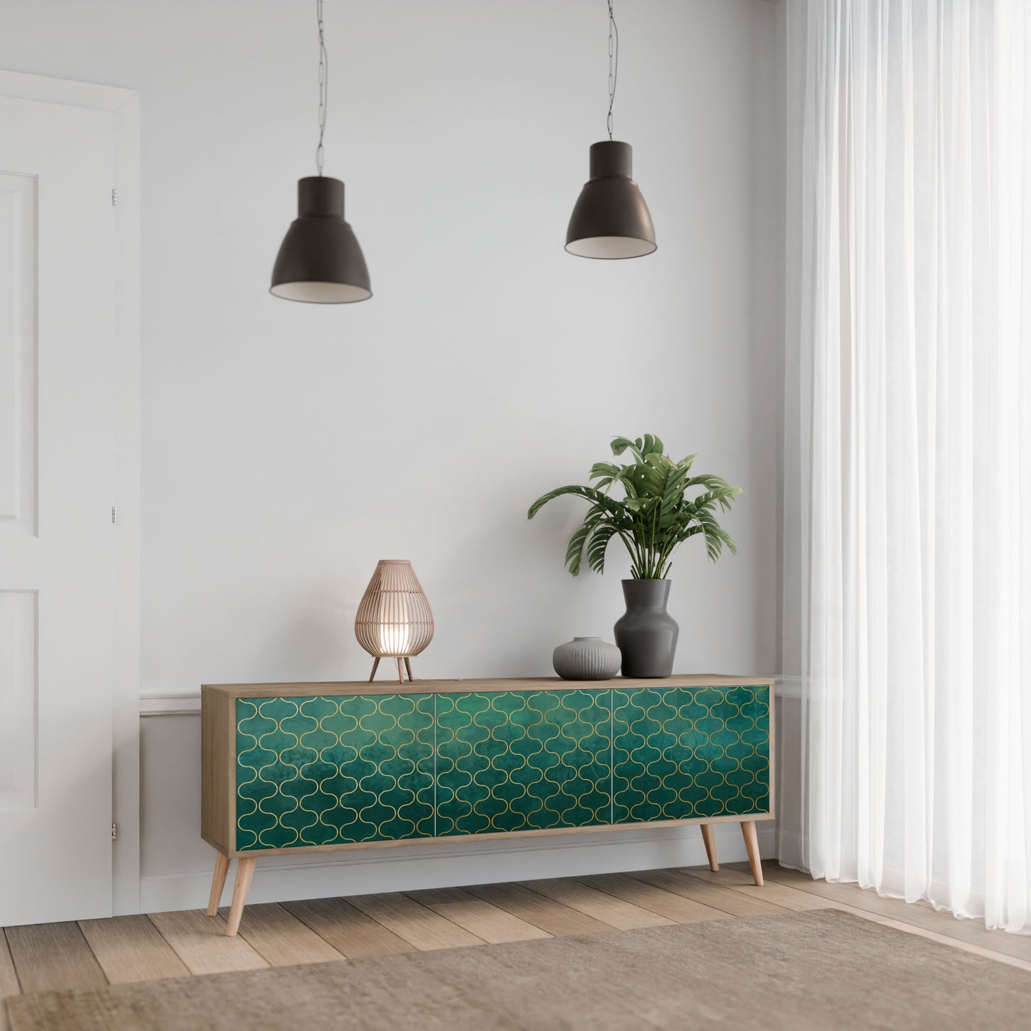 TESSELATED GREENERY 3-Door TV Stand in Oak Effect
