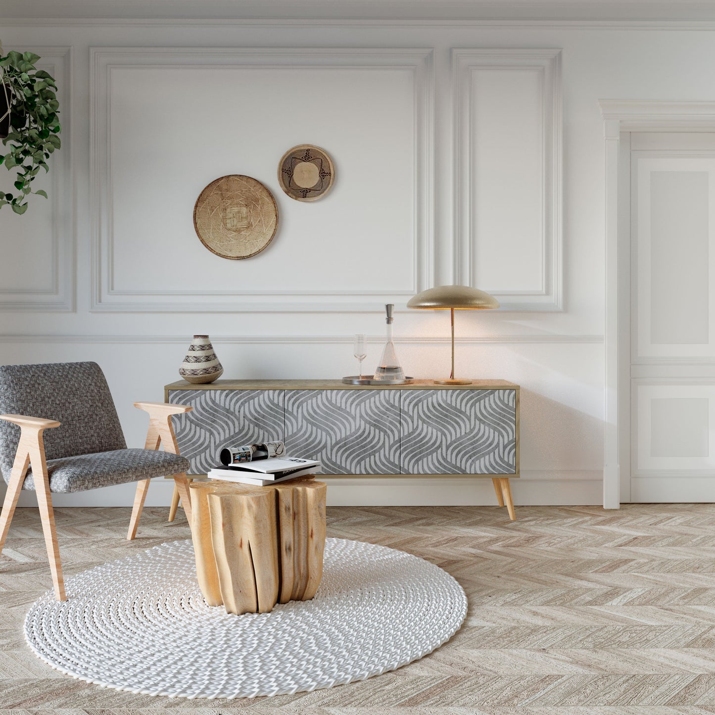CONCRETE MOVEMENT TV-bänk med 3 dörrar i ekeffekt