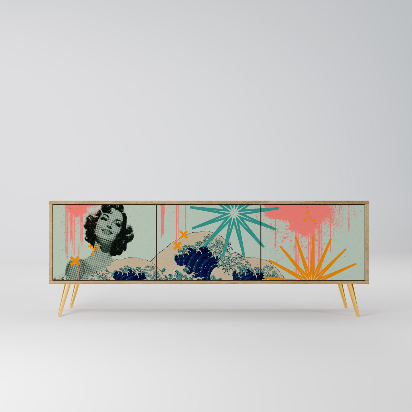 KANAGAWA BEAUTY 3-Door TV Stand in Oak Effect