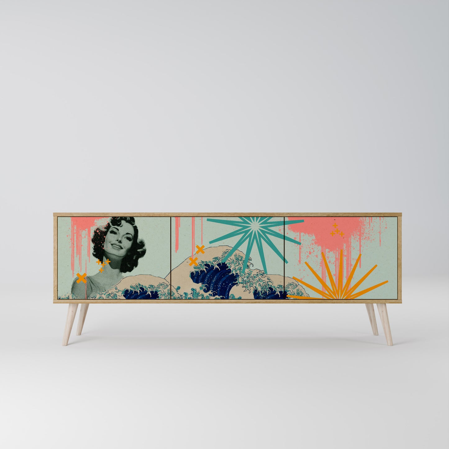 KANAGAWA BEAUTY 3-Door TV Stand in Oak Effect