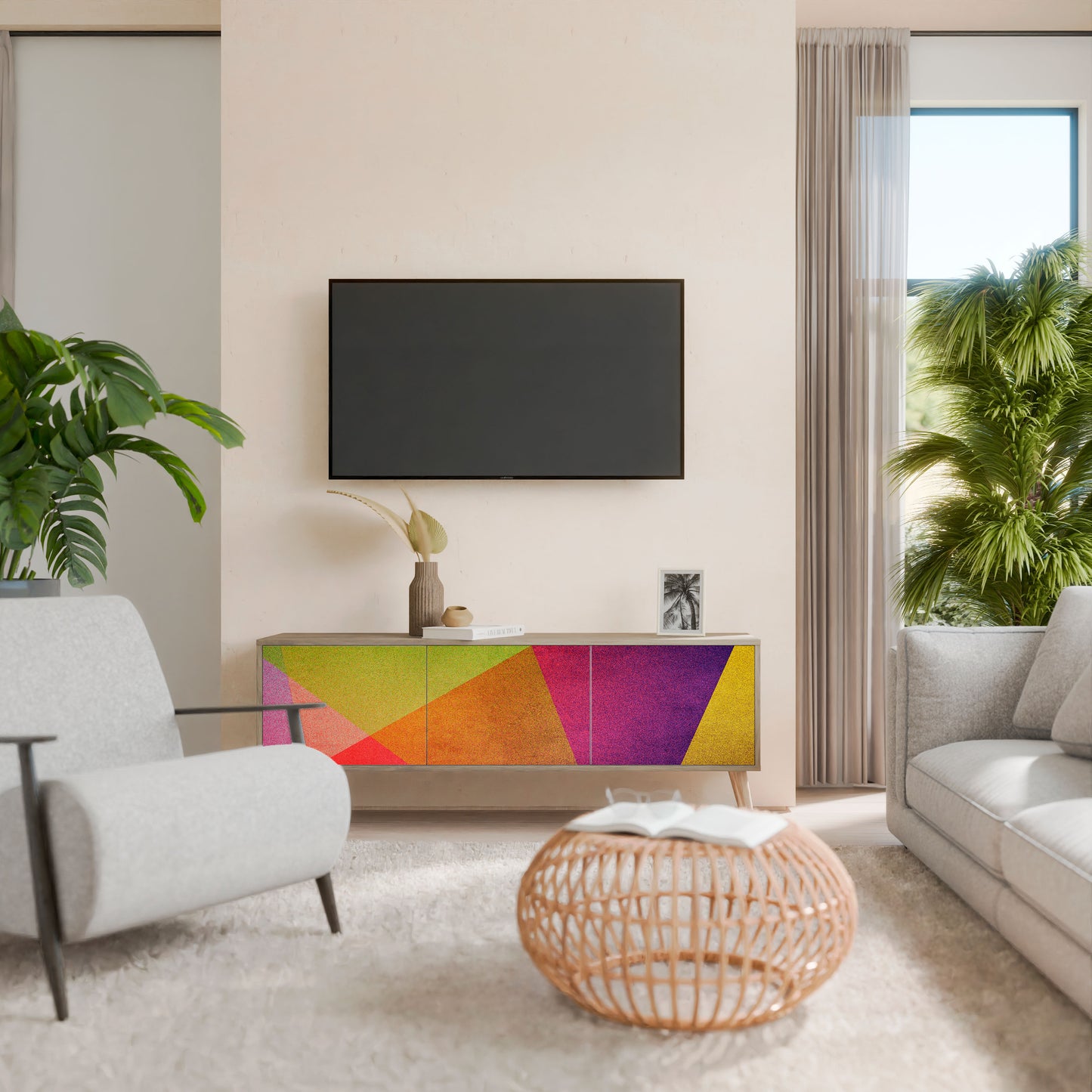 VIVID GEOMETRY 3-Door TV Stand in Oak Effect