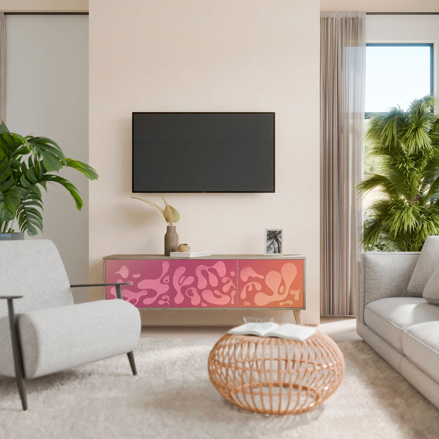 IRREGULAR PINK 3-Door TV Stand in Oak Effect