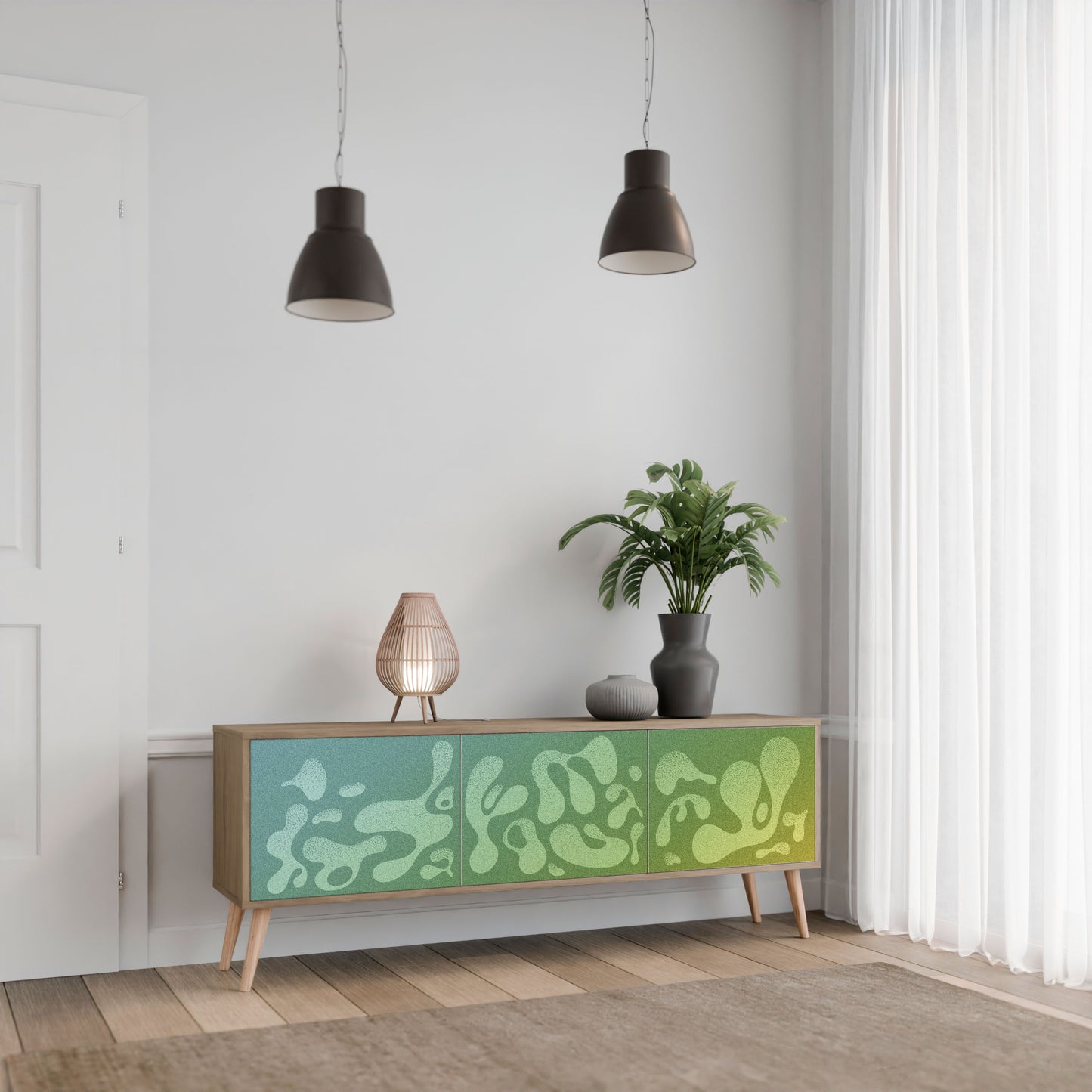 IRREGULAR BLUE 3-Door TV Stand in Oak Effect