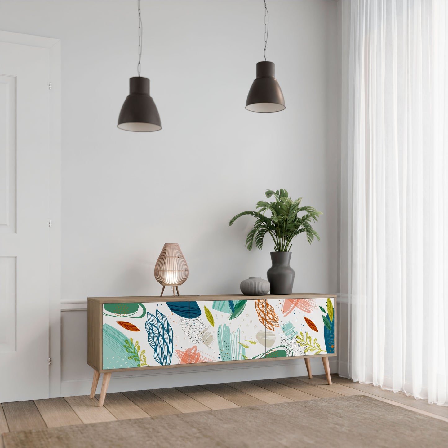 BOTANICAL HURRICANE 3-Door TV Stand in Oak Effect