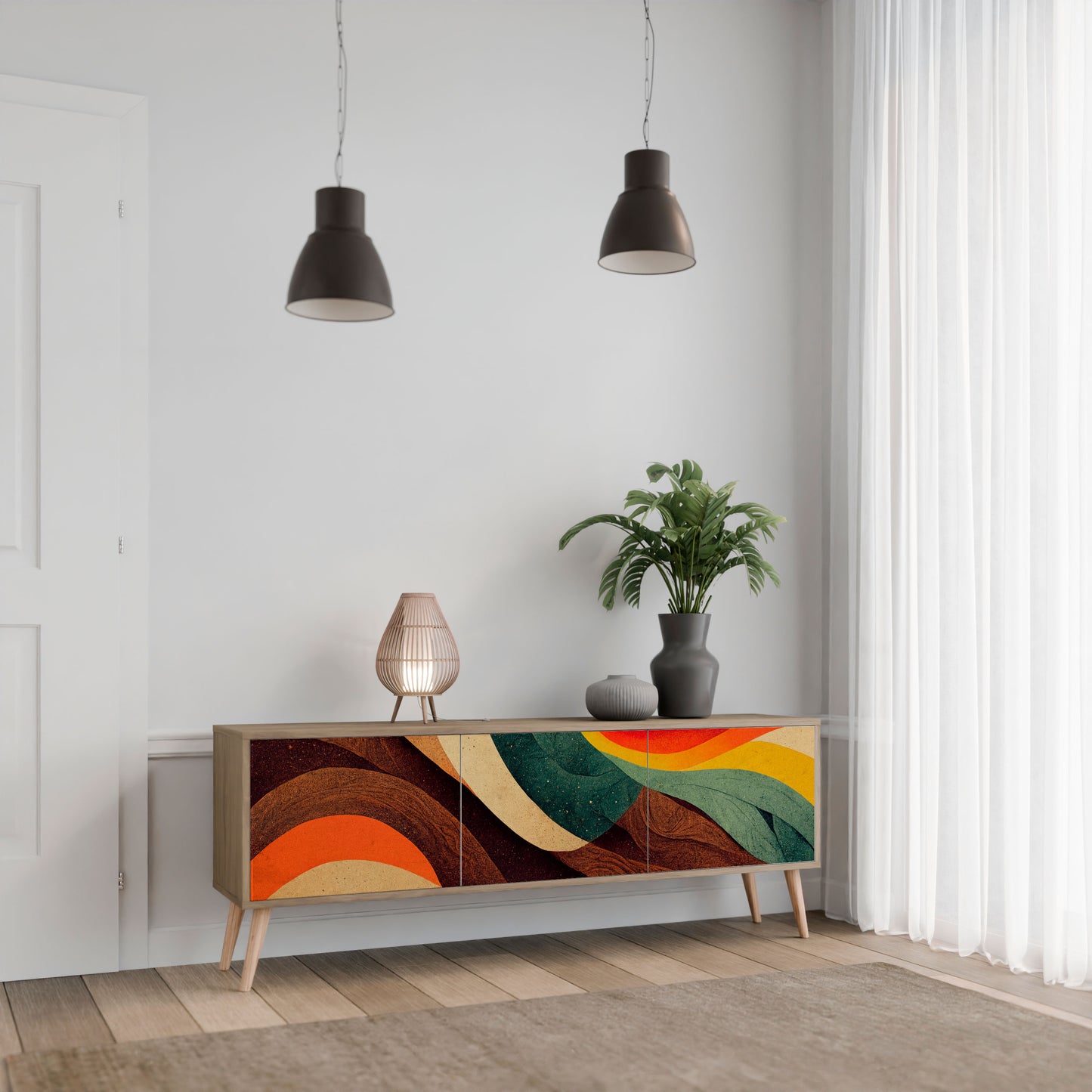 COLORFUL STRANDS 3-Door TV Stand in Oak Effect