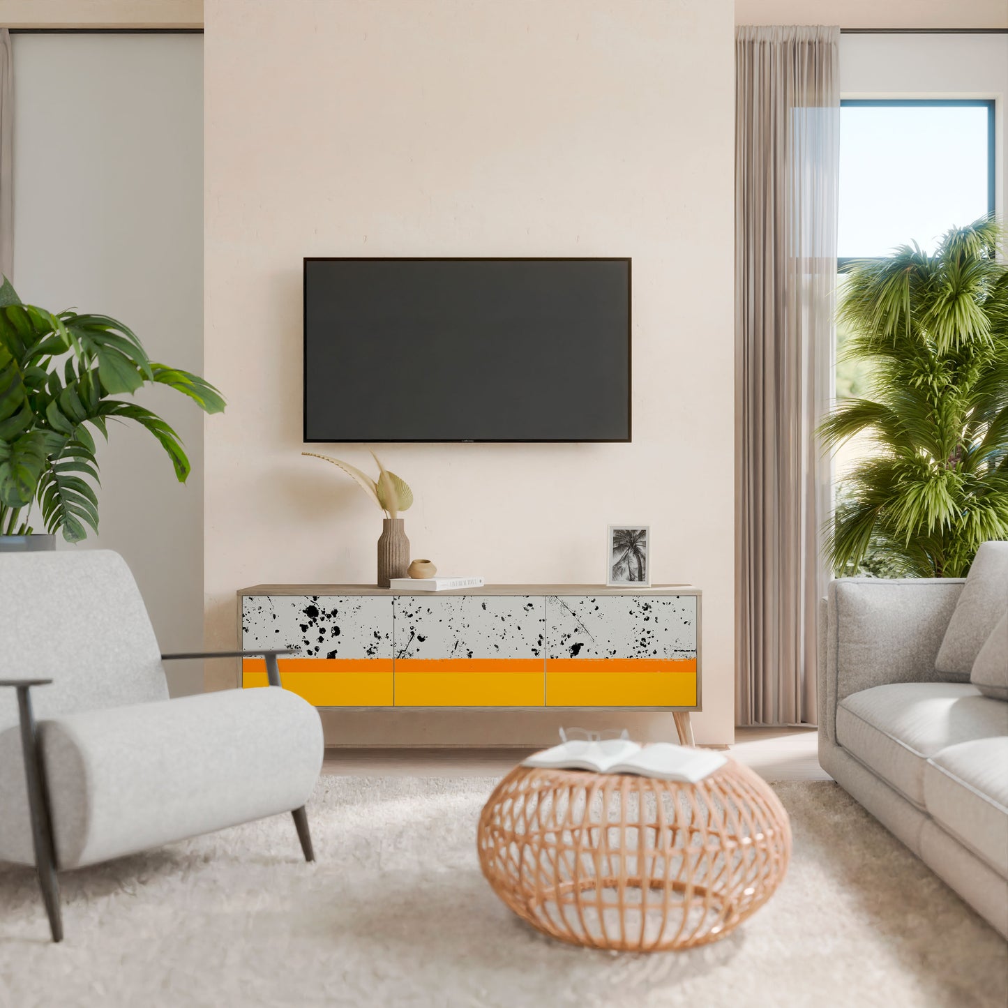 DYED BY ORANGE 3-Door TV Stand in Oak Effect