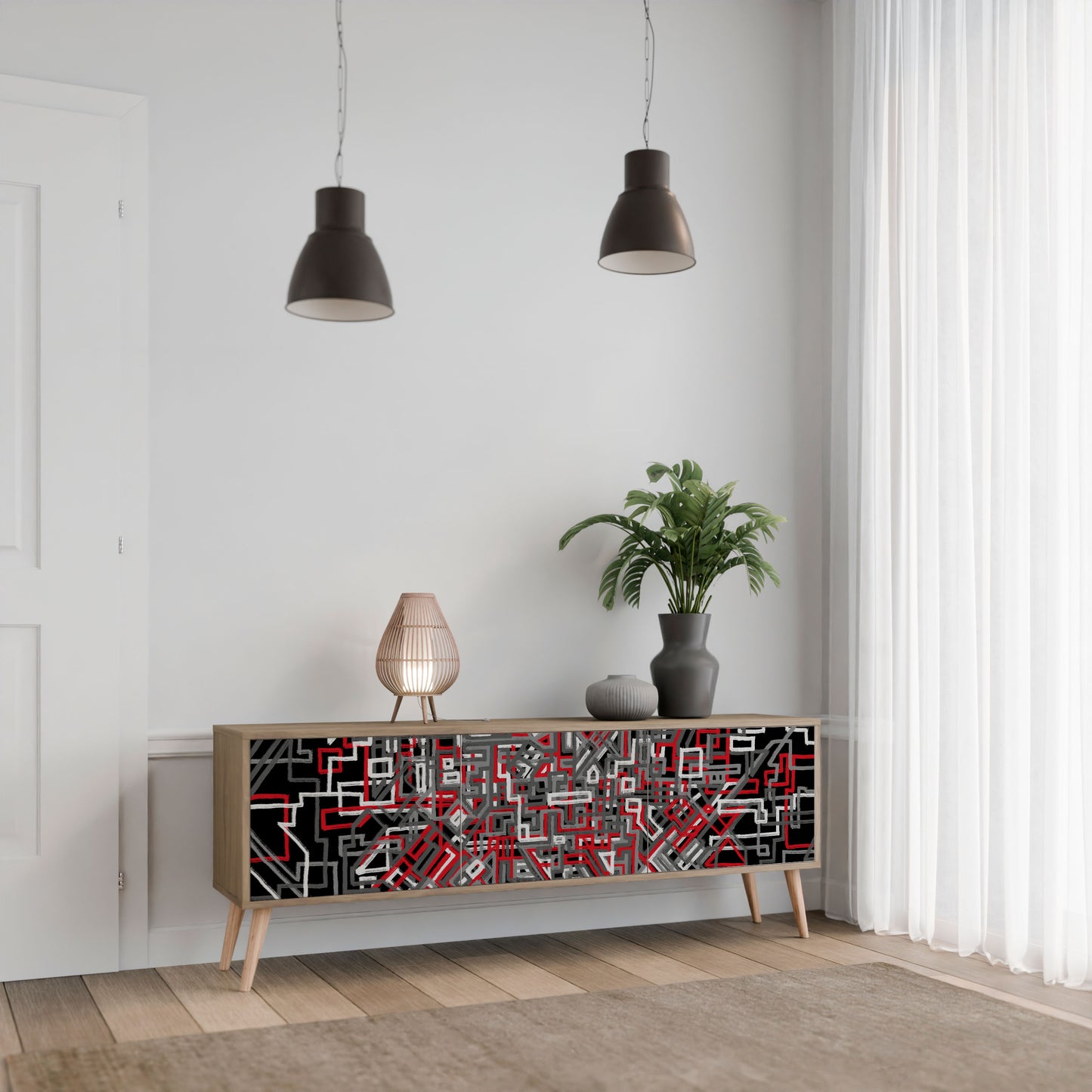 BROKEN LINES 3-Door TV Stand in Oak Effect