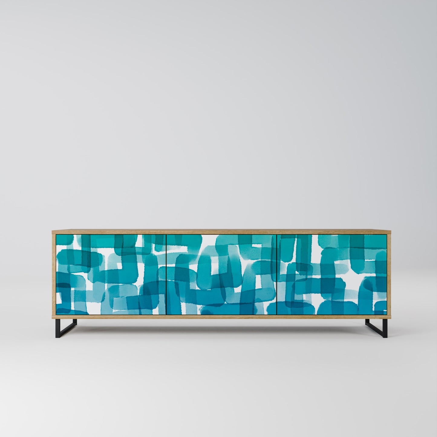 TURQUOISE RECTANGLES 3-Door TV Stand in Oak Effect