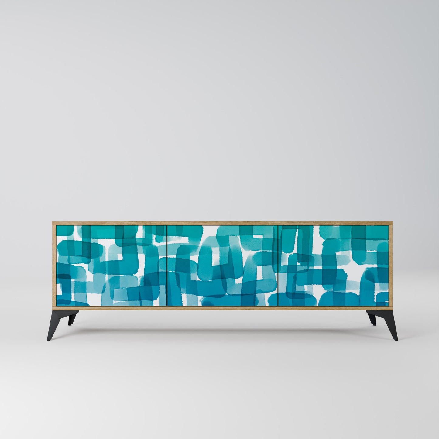 TURQUOISE RECTANGLES 3-Door TV Stand in Oak Effect