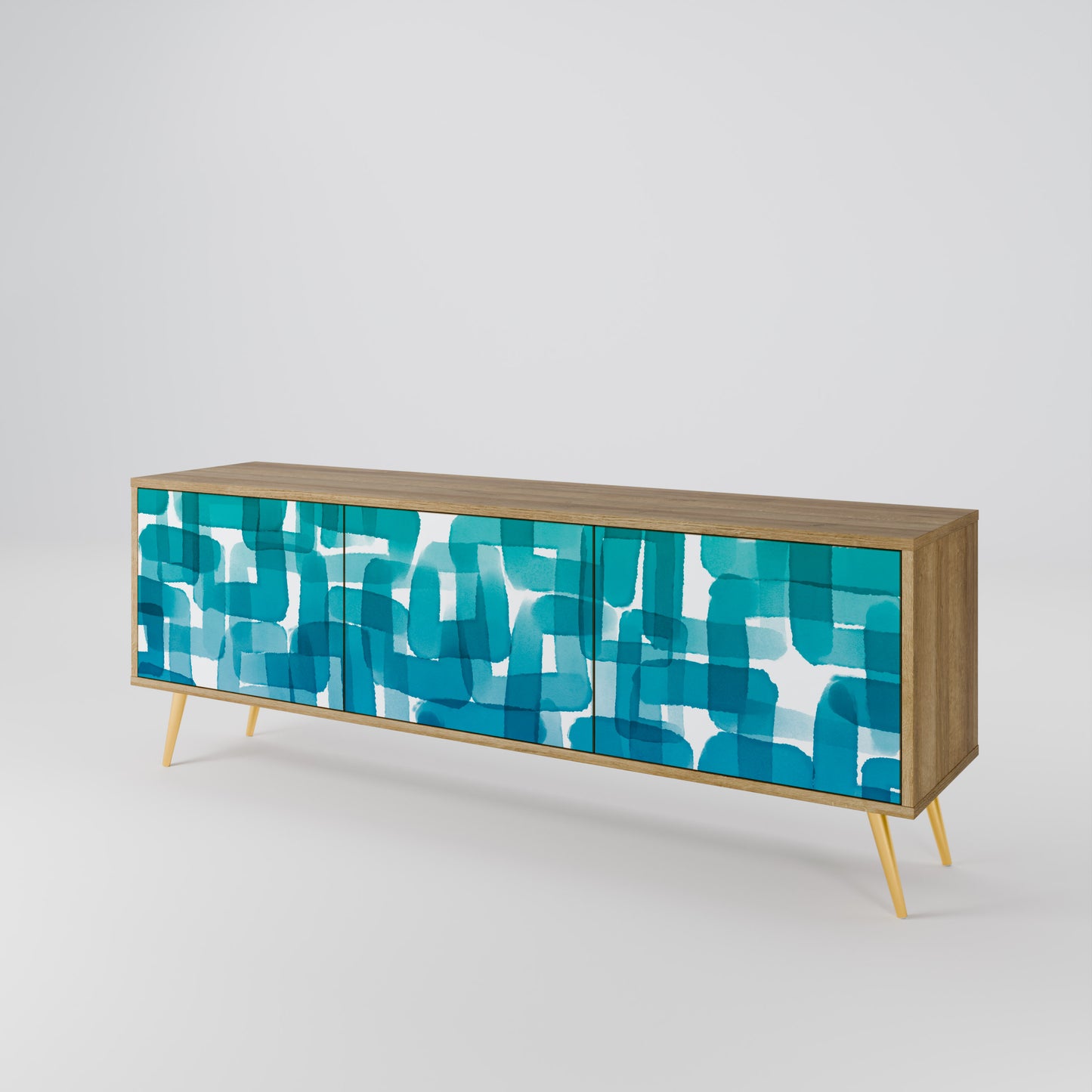 TURQUOISE RECTANGLES 3-Door TV Stand in Oak Effect