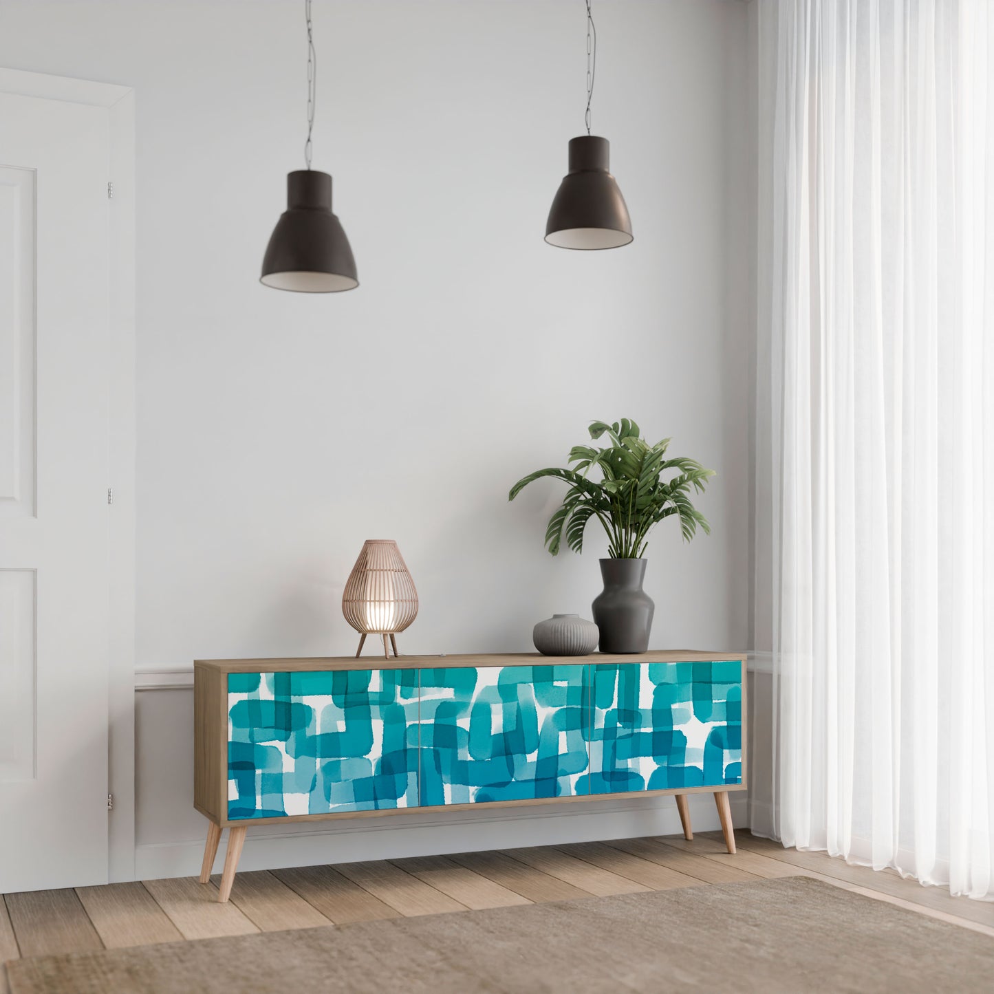 TURQUOISE RECTANGLES 3-Door TV Stand in Oak Effect