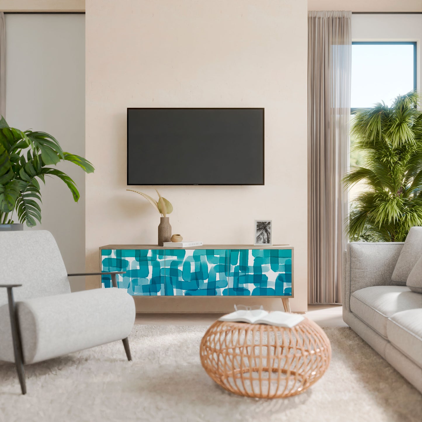 TURQUOISE RECTANGLES 3-Door TV Stand in Oak Effect