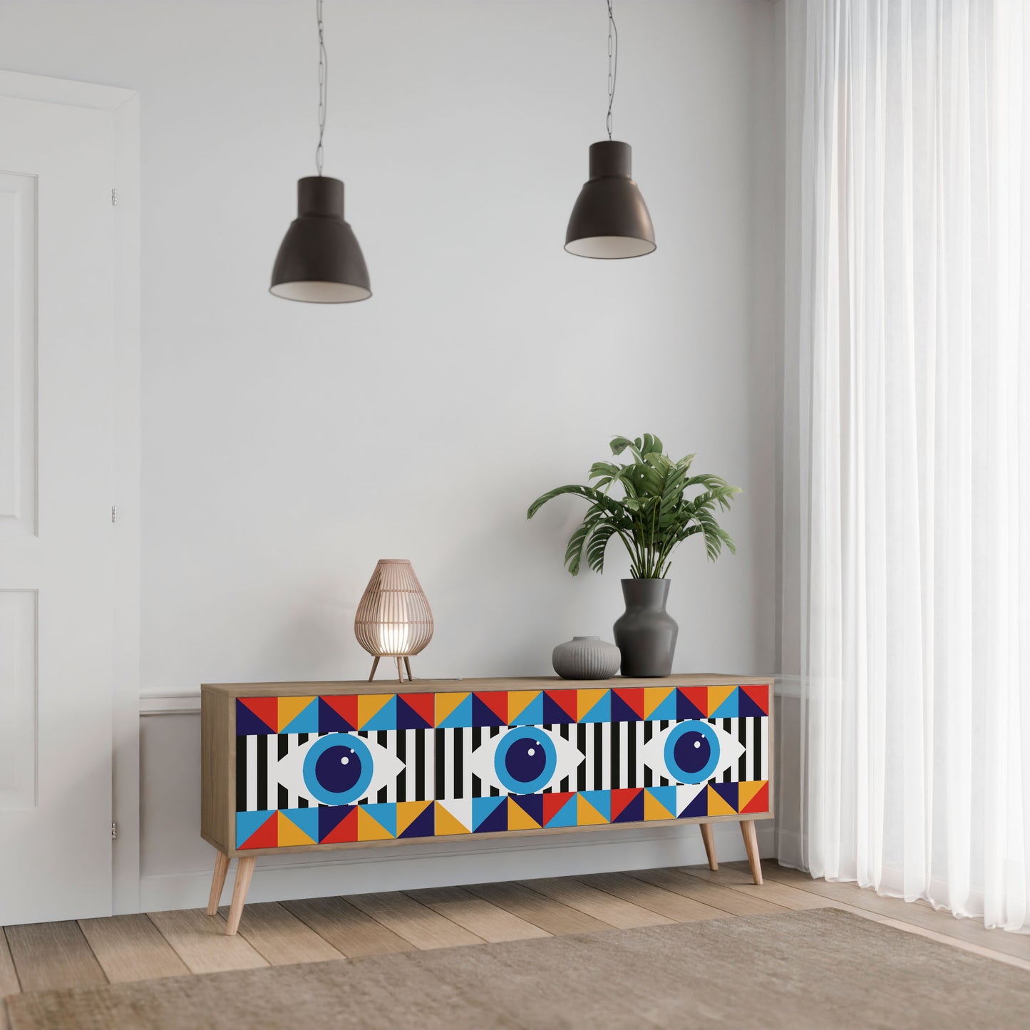 ABSTRACTION AND GEOMETRY 3-Door TV Stand in Oak Effect