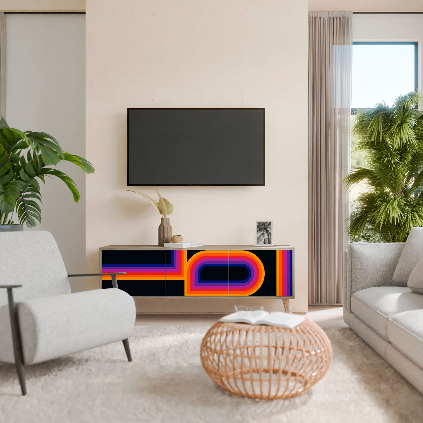 BLINDED BY THE LIGHTS 3-Door TV Stand in Oak Effect