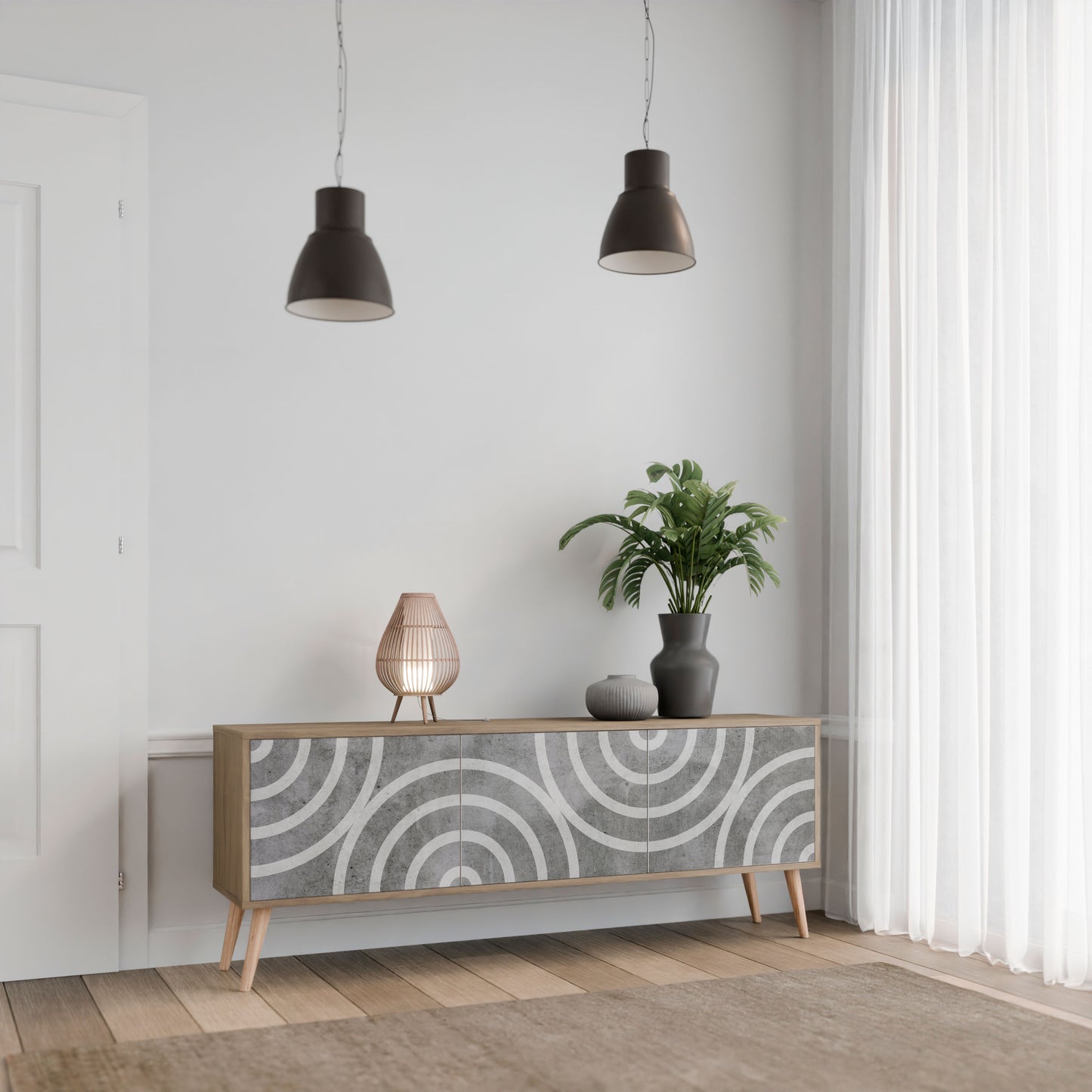CIRCLE CONCRETE 3-Door TV Stand in Oak Effect