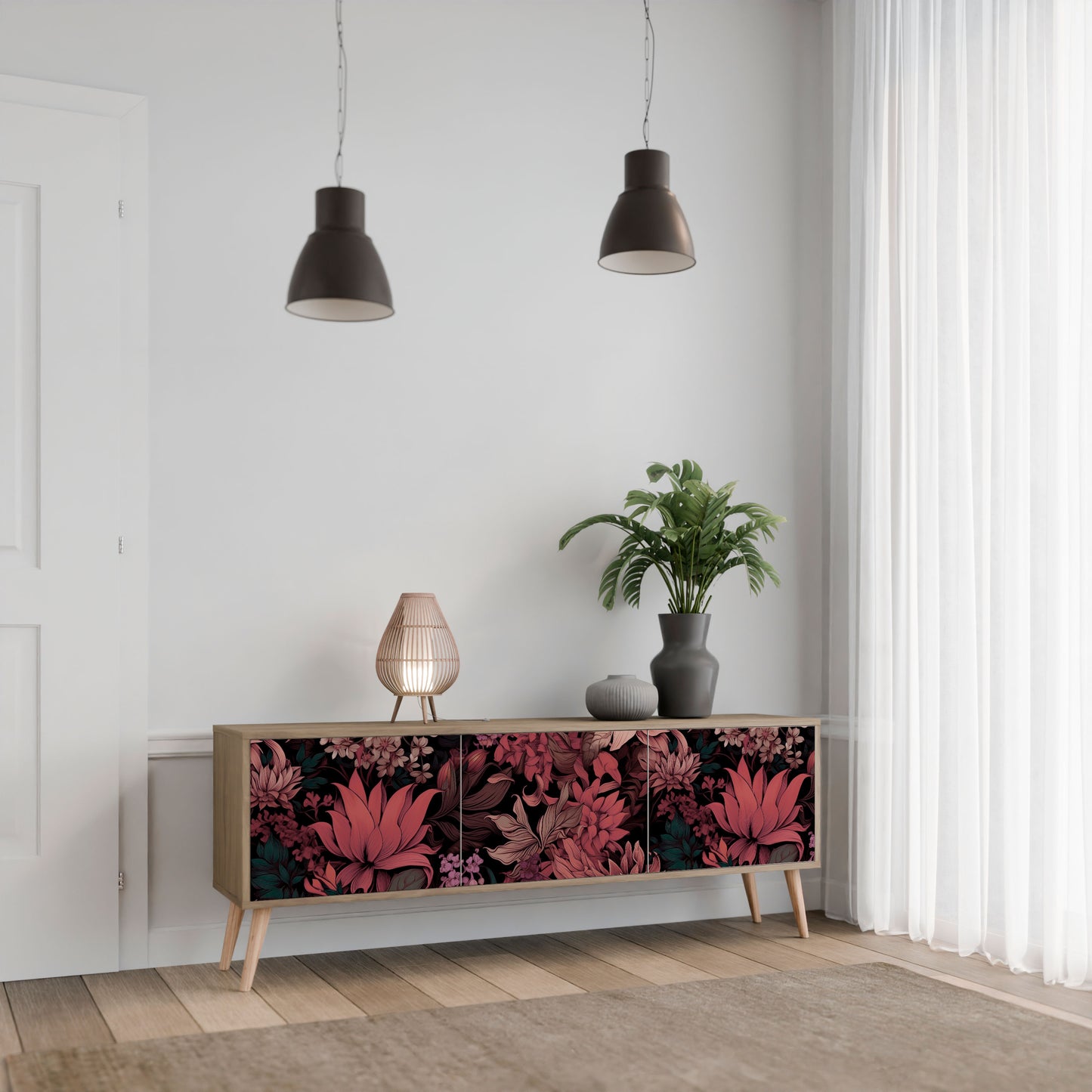 FLORAL WHISPER 3-Door TV Stand in Oak Effect