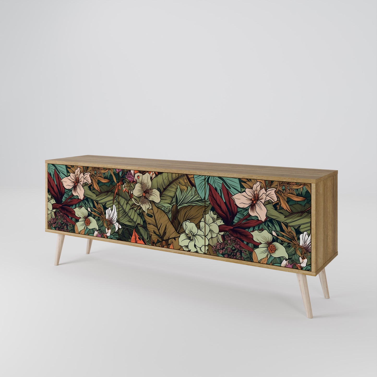 BOTANICAL EMERGENCE 3-Door TV Stand in Oak Effect