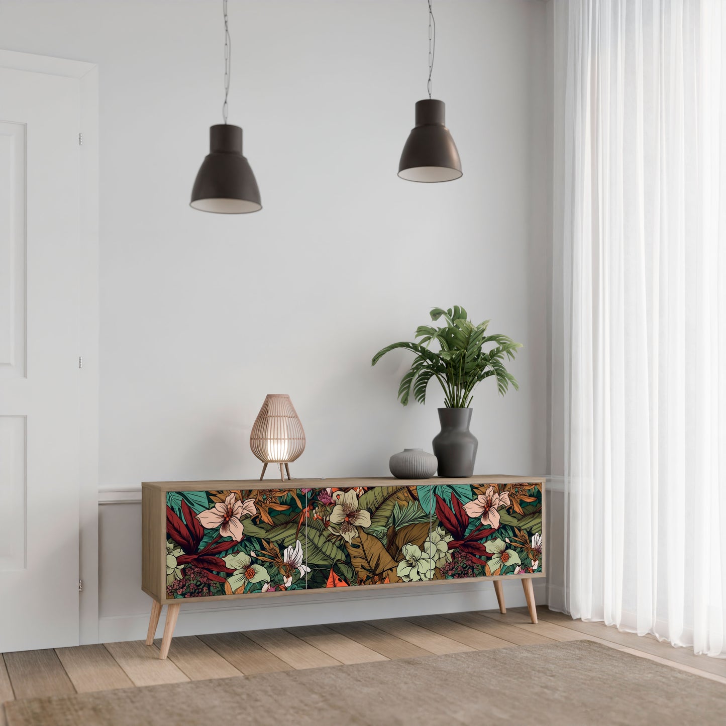 BOTANICAL EMERGENCE 3-Door TV Stand in Oak Effect
