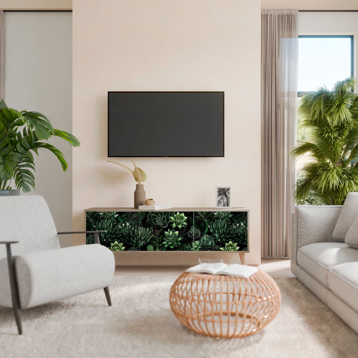 SUCCULENT JUNGLE 3-Door TV Stand in Oak Effect