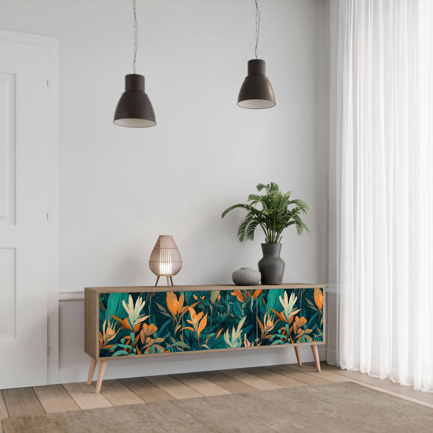 FLORAL SERENITY 3-Door TV Stand in Oak Effect
