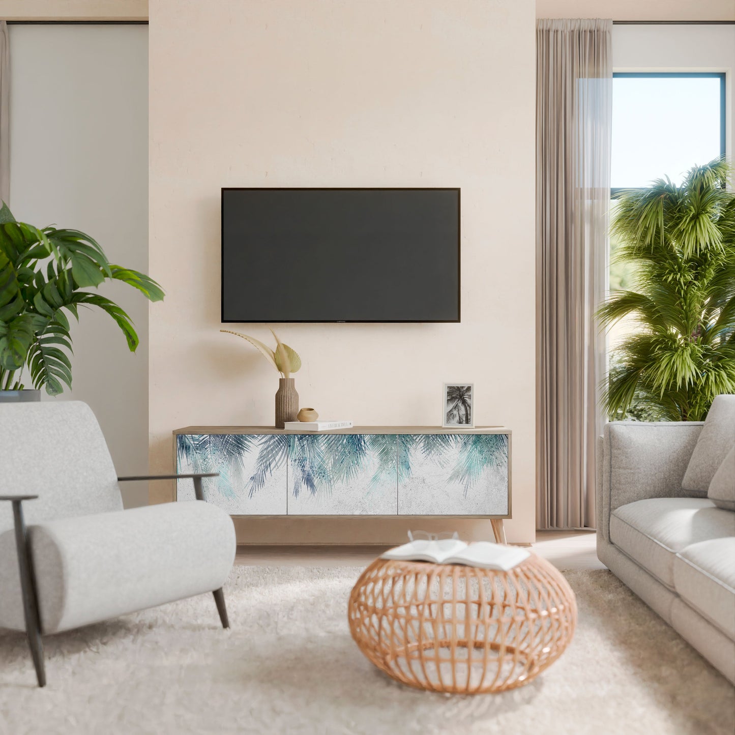 PALM VEIL 3-Door TV Stand in Oak Effect