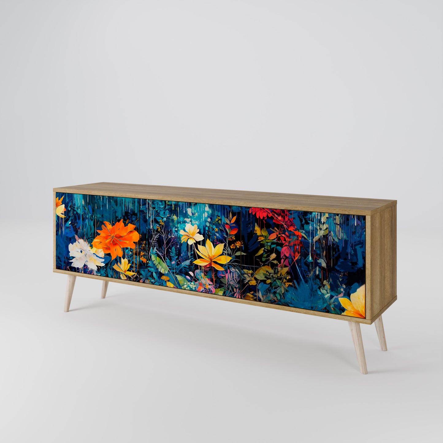 MIDNIGHT BLOSSOM 3-Door TV Stand in Oak Effect