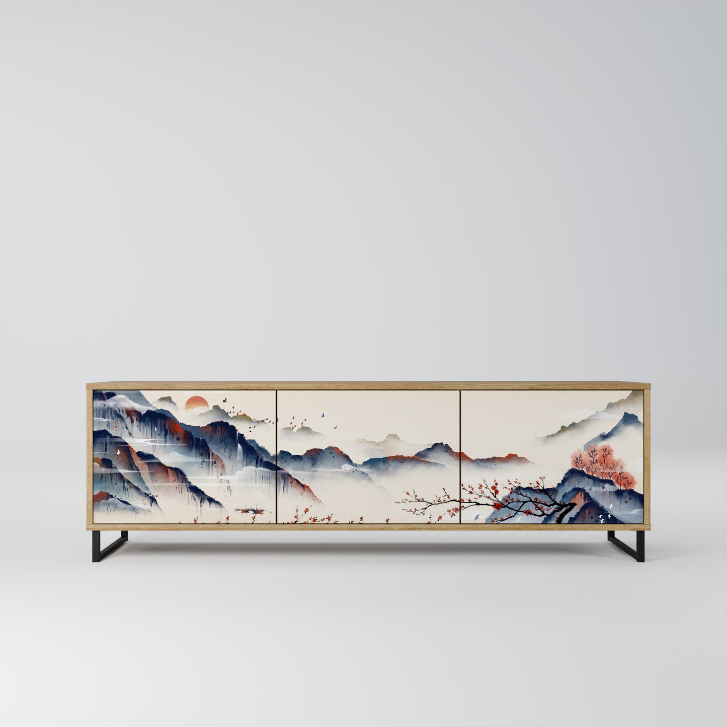 JAPANESE LANDSCAPE 3-Door TV Stand in Oak Effect