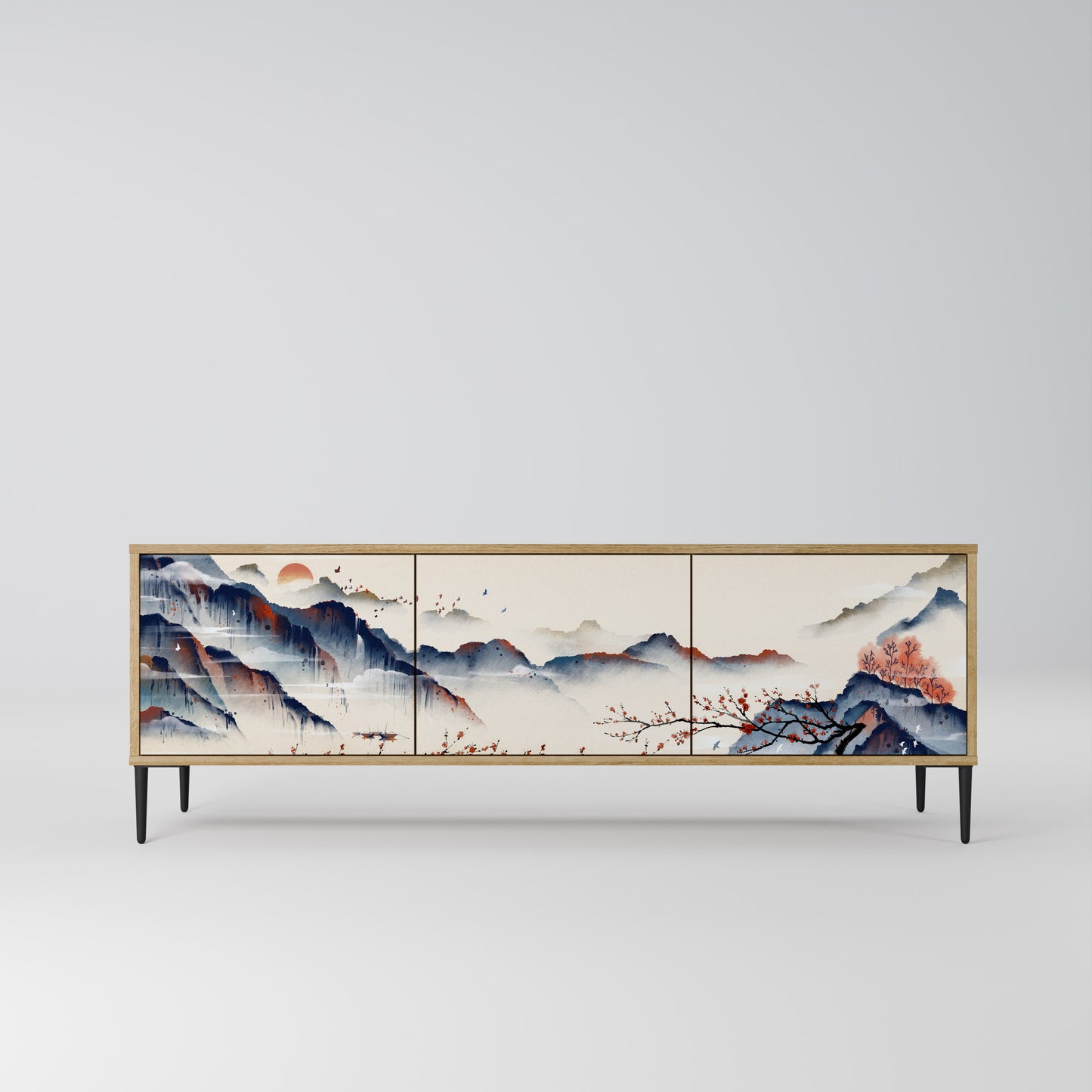 JAPANESE LANDSCAPE 3-Door TV Stand in Oak Effect