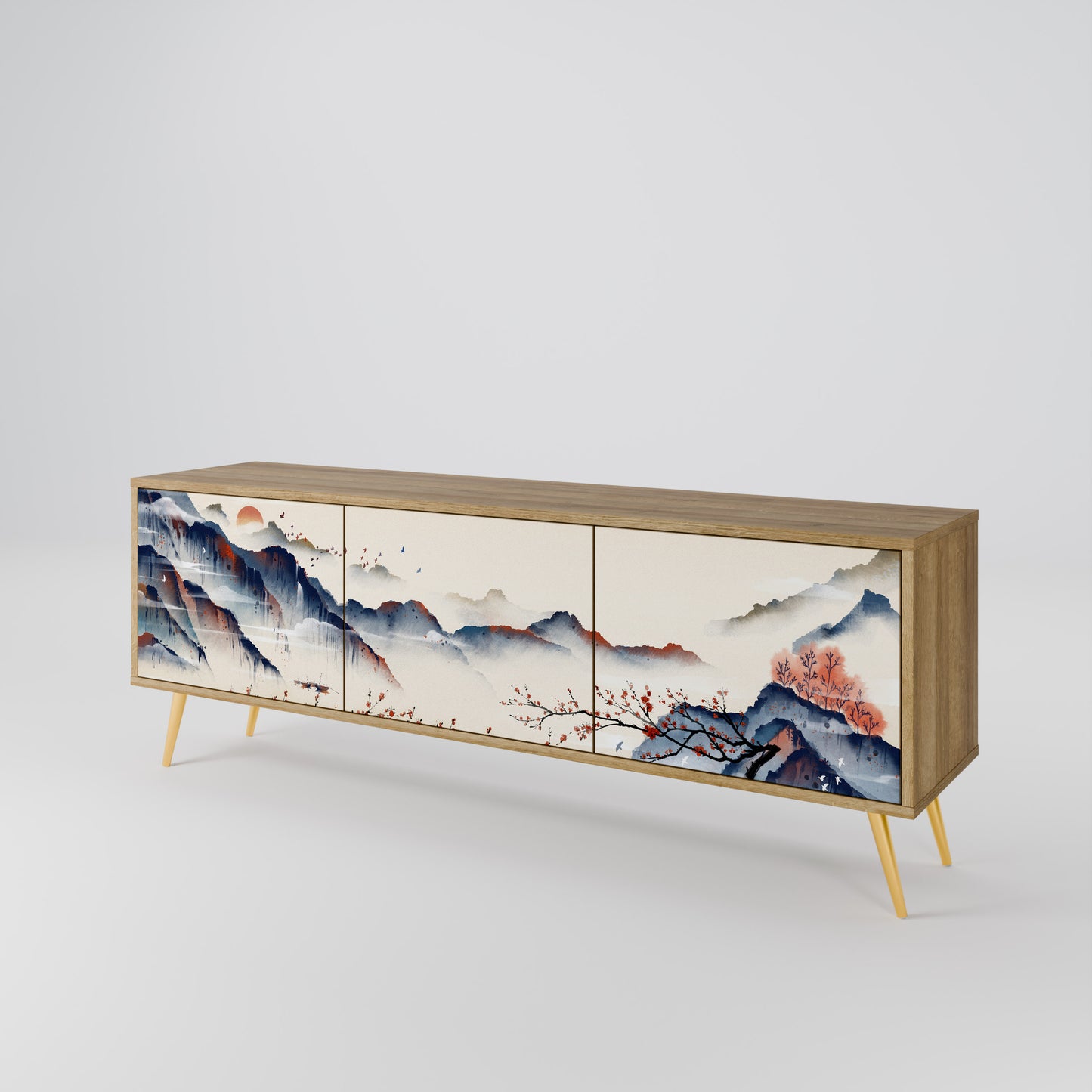 JAPANESE LANDSCAPE 3-Door TV Stand in Oak Effect