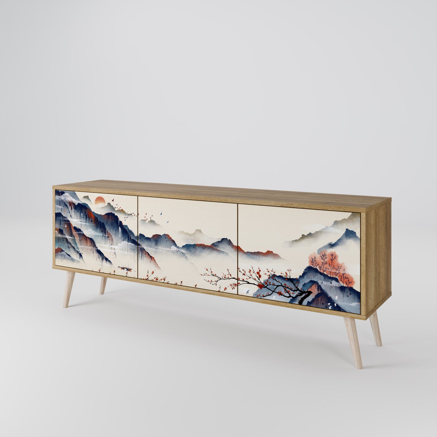 JAPANESE LANDSCAPE 3-Door TV Stand in Oak Effect