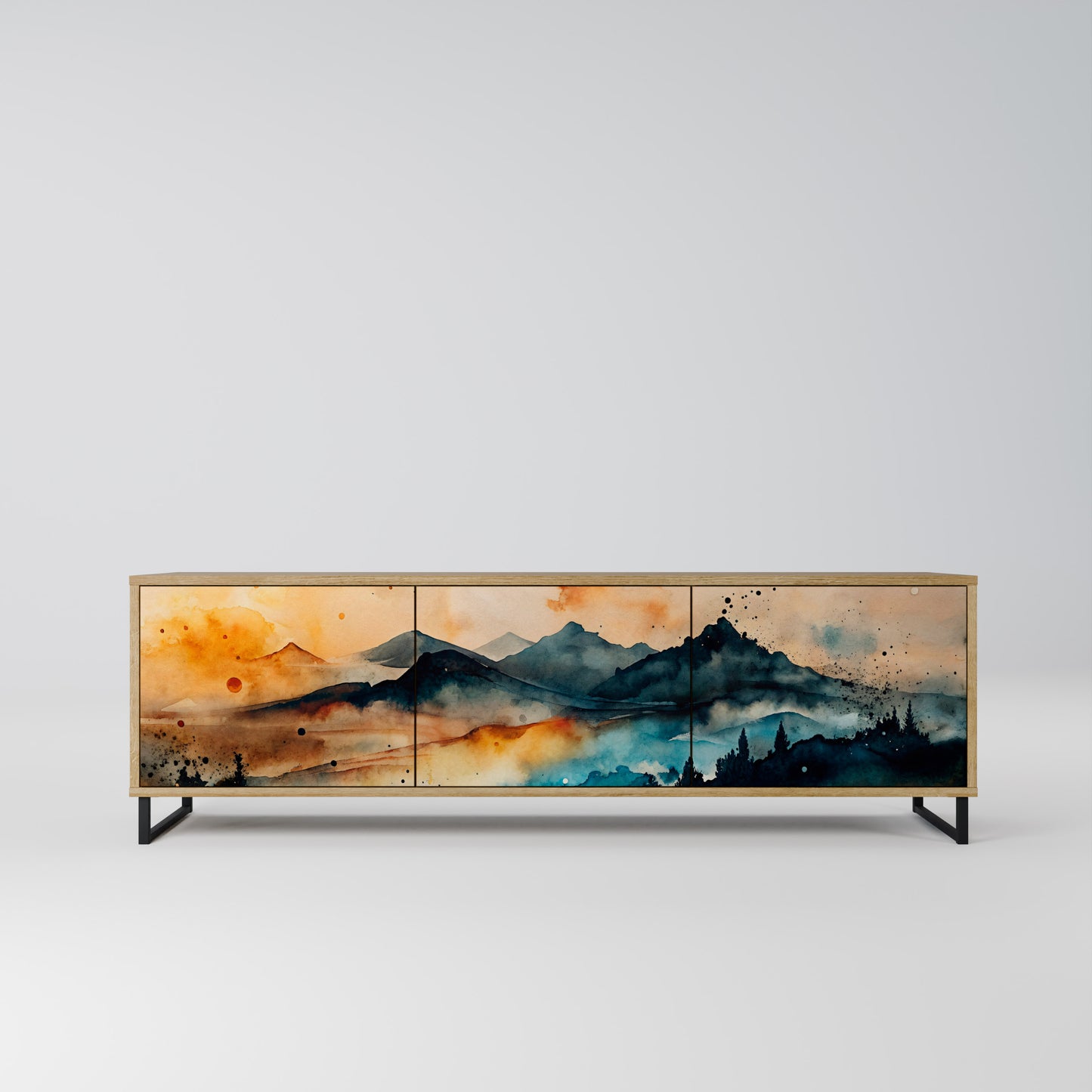 OMINOUS MOUNTAINS 3-Door TV Stand in Oak Effect