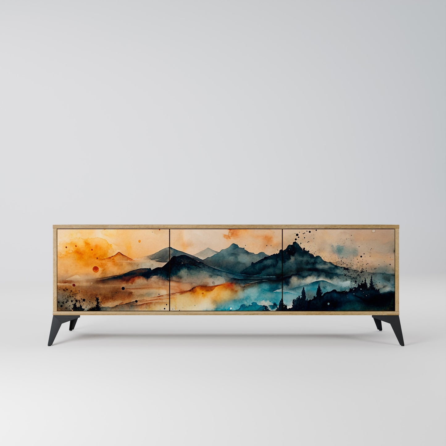OMINOUS MOUNTAINS 3-Door TV Stand in Oak Effect