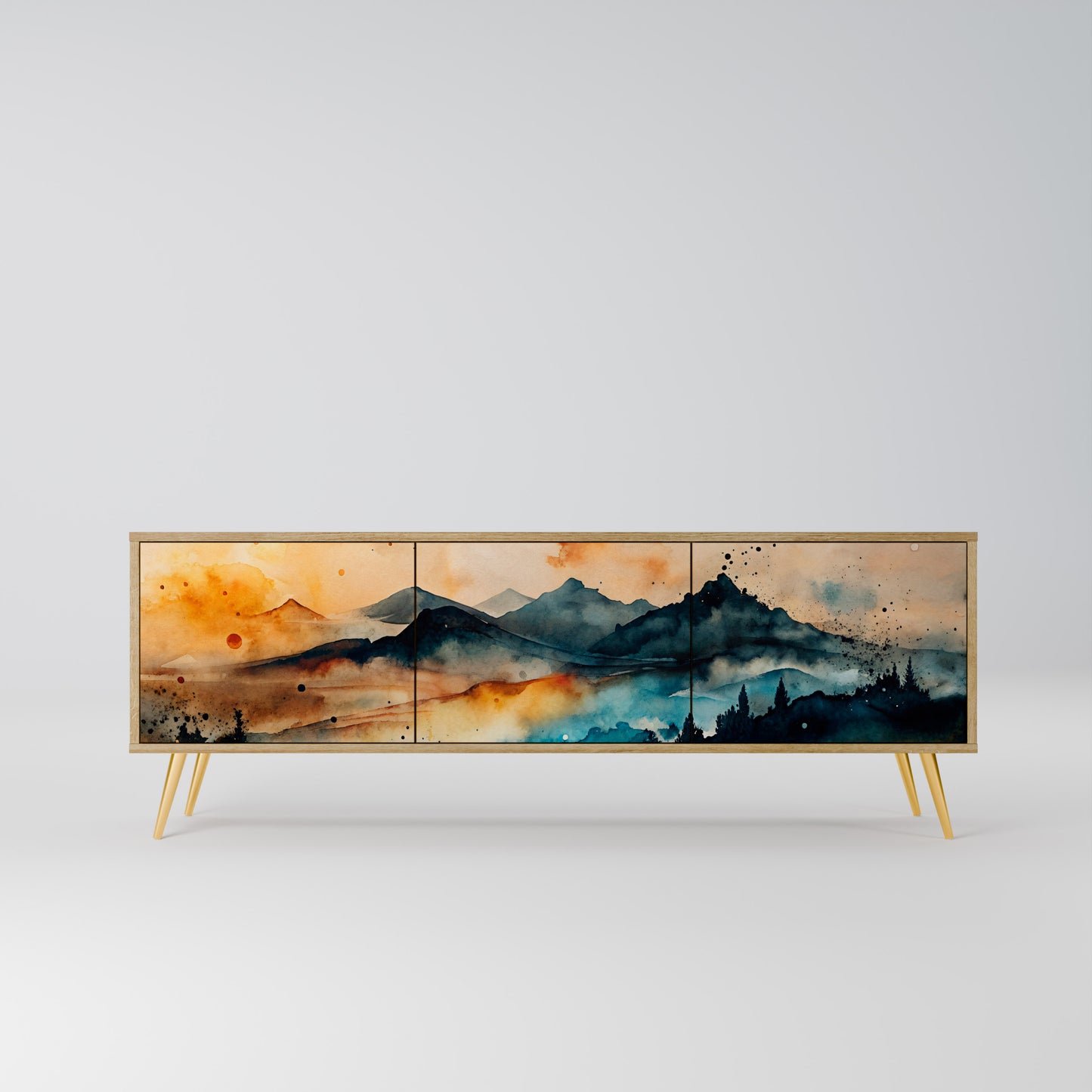 OMINOUS MOUNTAINS 3-Door TV Stand in Oak Effect