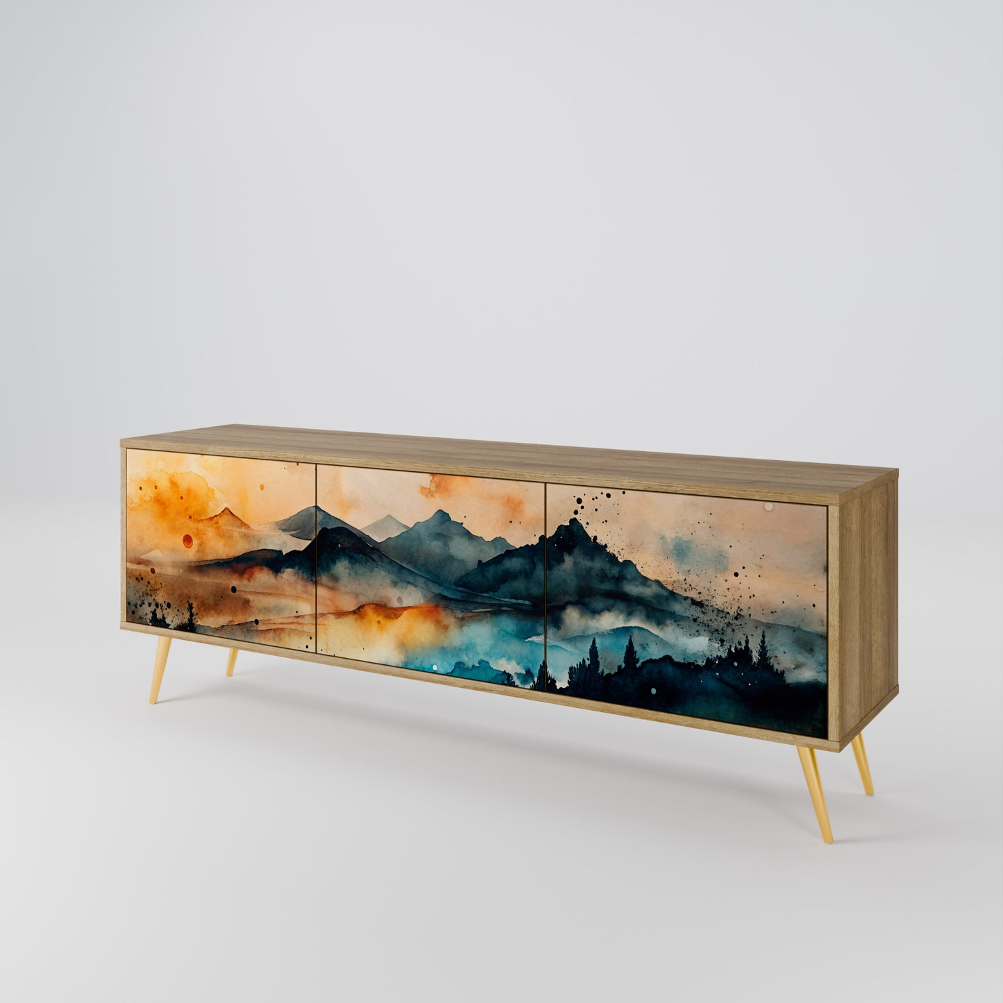 OMINOUS MOUNTAINS 3-Door TV Stand in Oak Effect