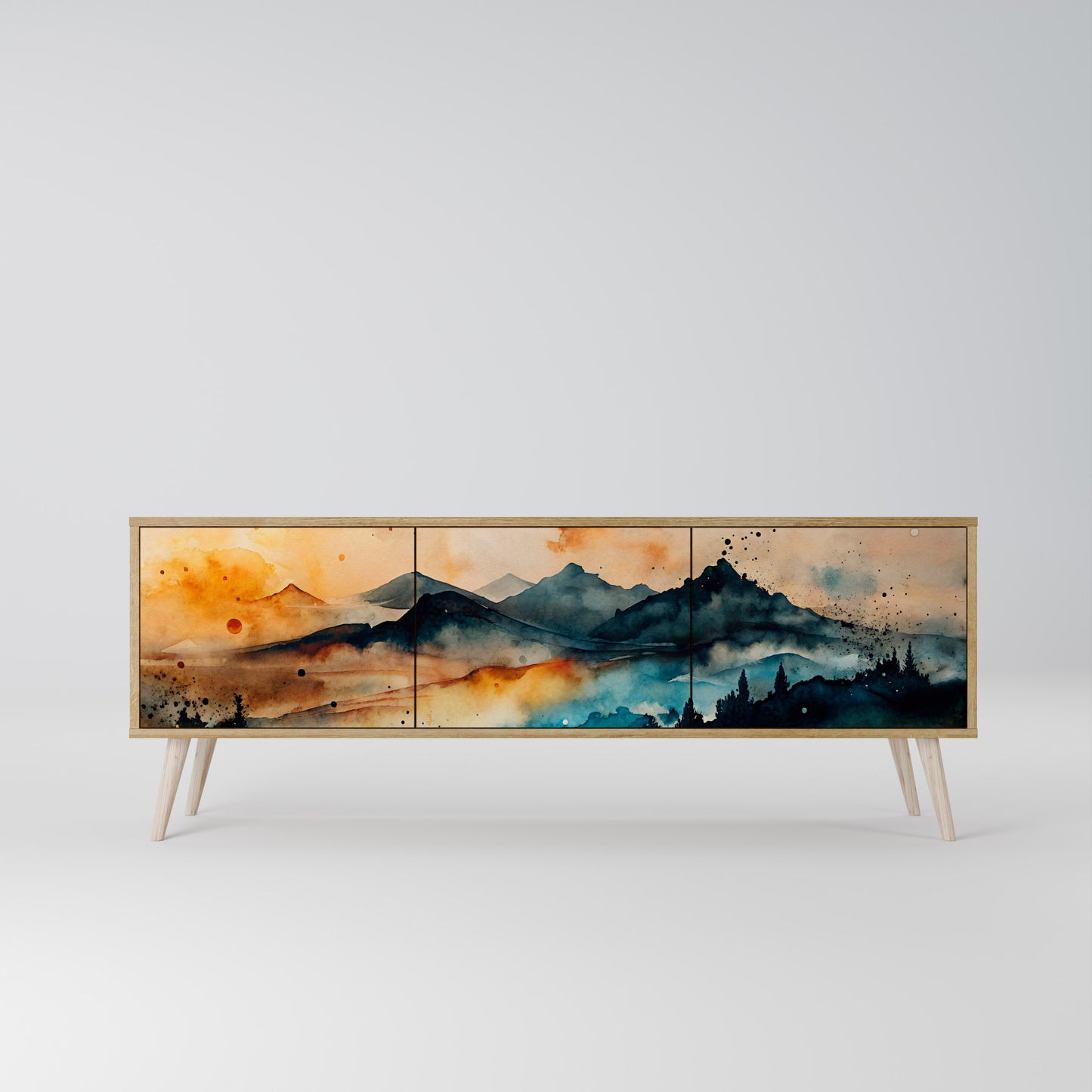 OMINOUS MOUNTAINS 3-Door TV Stand in Oak Effect