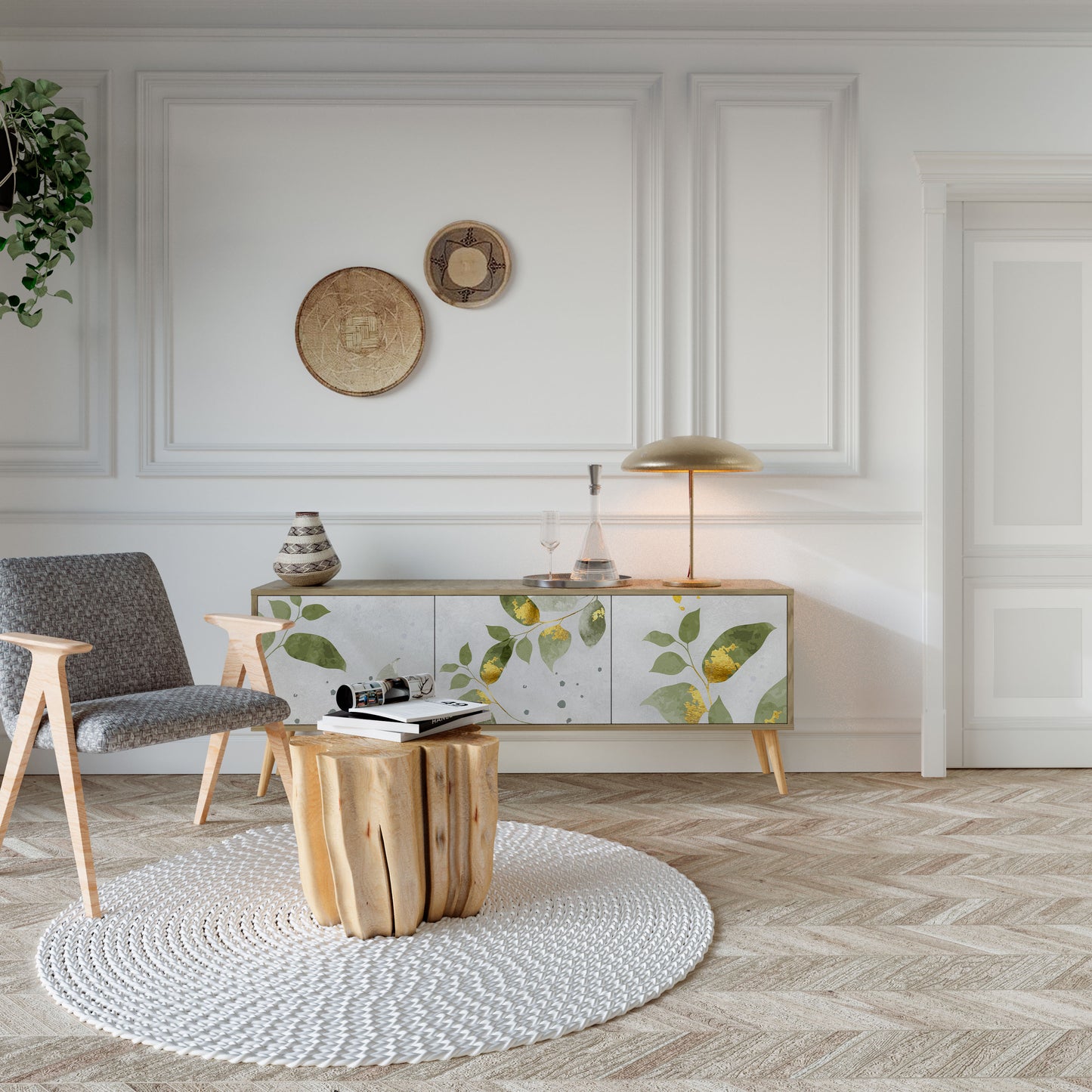 ELEGANT BOTANICS 3-dörrars TV-bänk i ekeffekt
