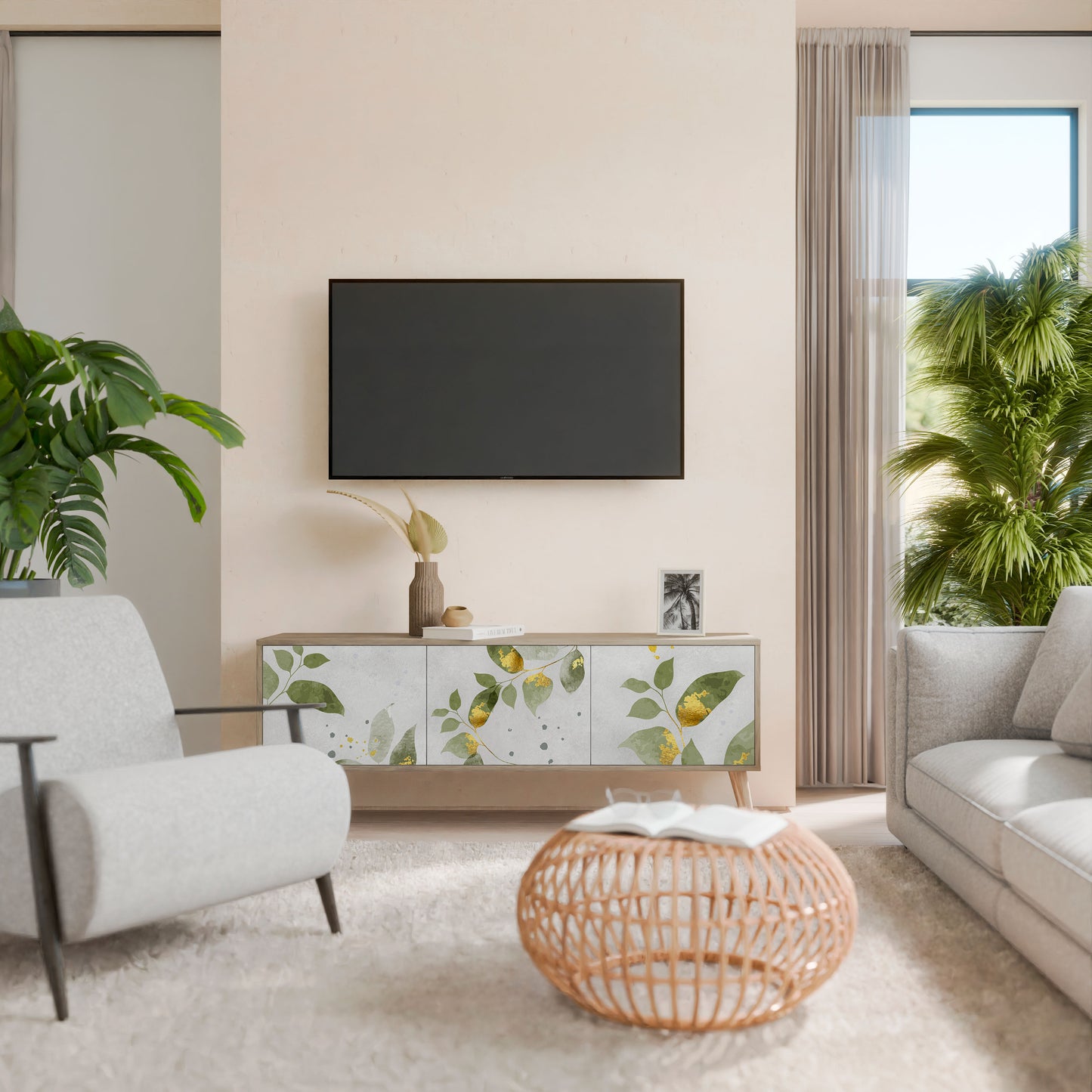 ELEGANT BOTANICS 3-dörrars TV-bänk i ekeffekt