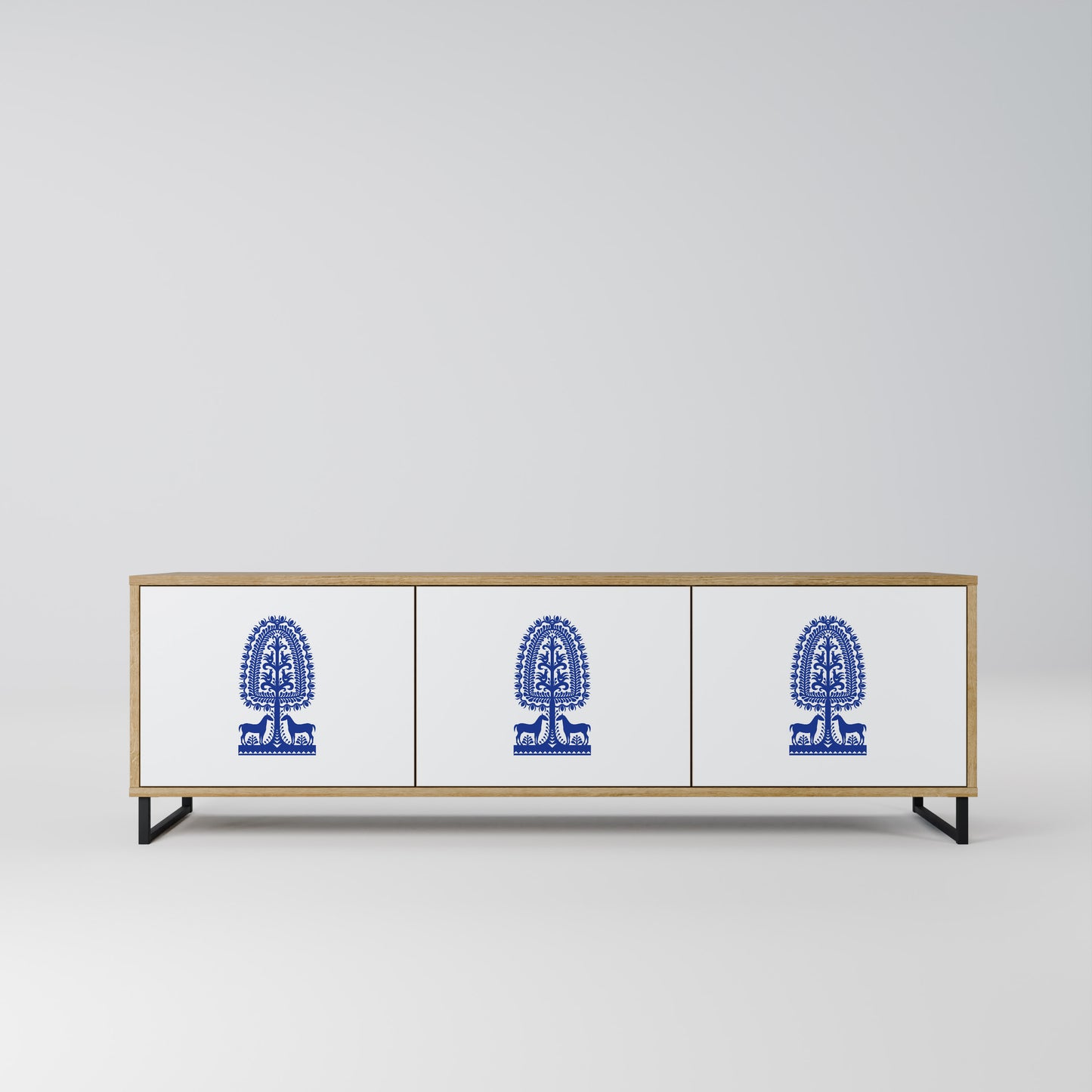 POLISH FOLK ART 3-Door TV Stand in Oak Effect