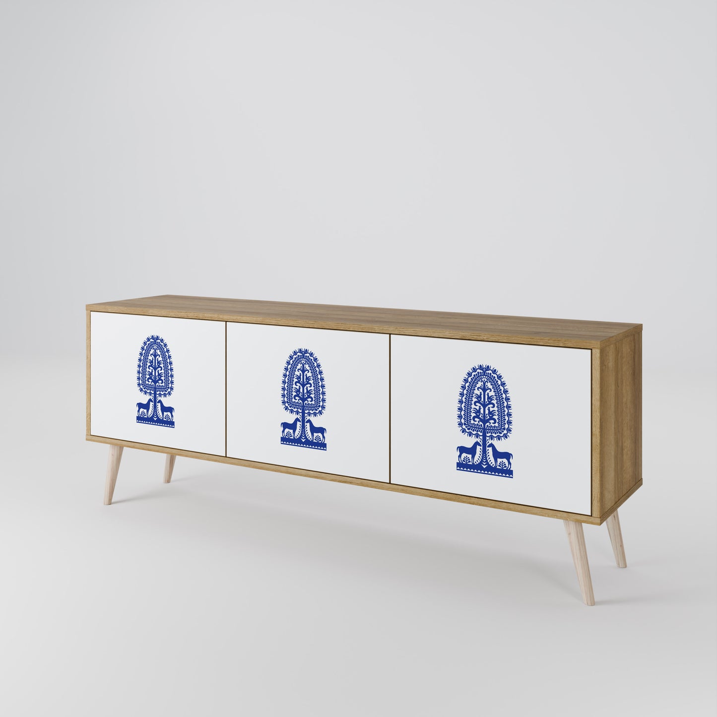 POLISH FOLK ART 3-Door TV Stand in Oak Effect